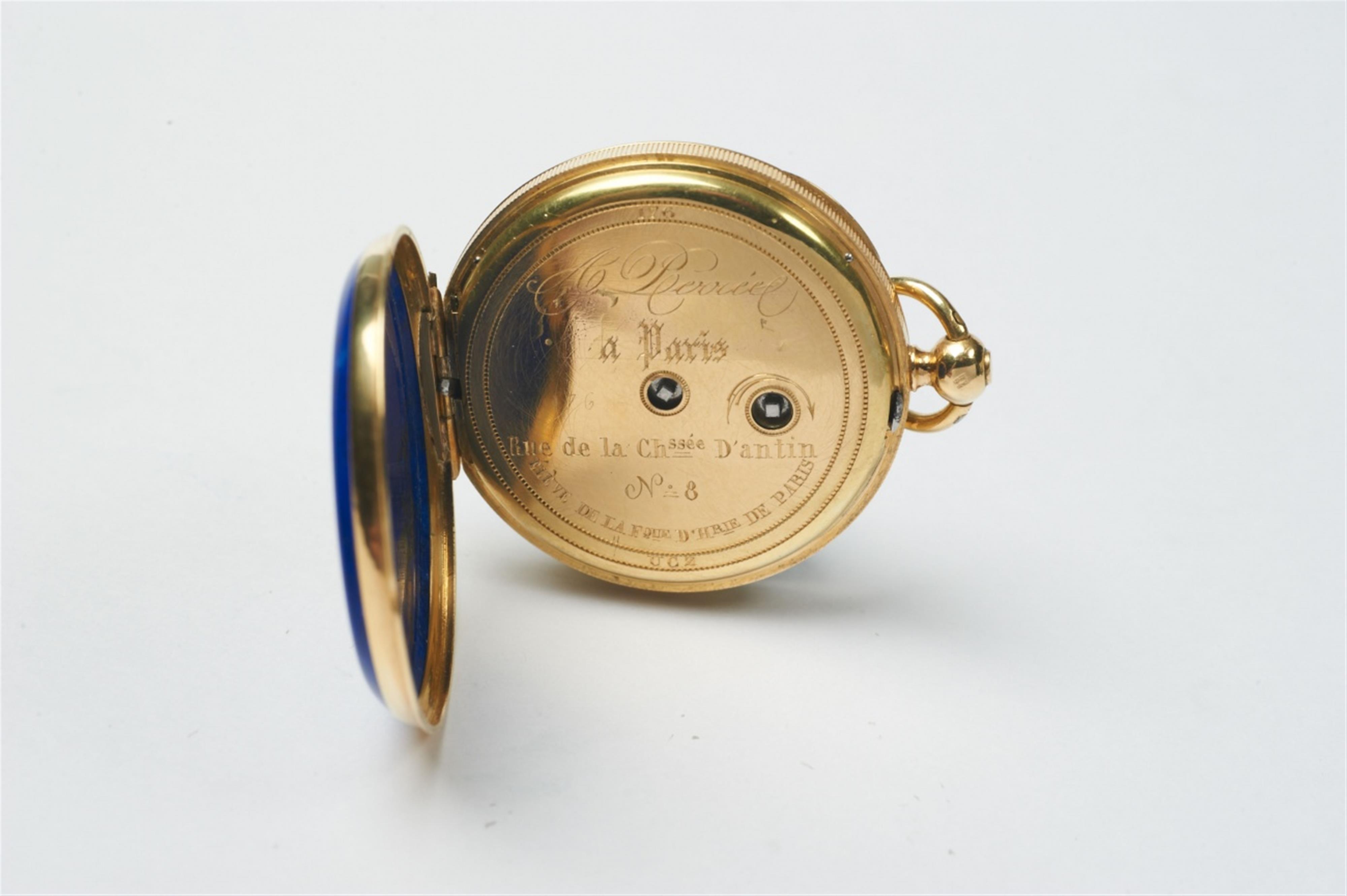 A French 18k gold and lapislazuli openface pendant watch with cylinder escapement. Gold, enamel and diamond watch chain with key and seal. - image-2