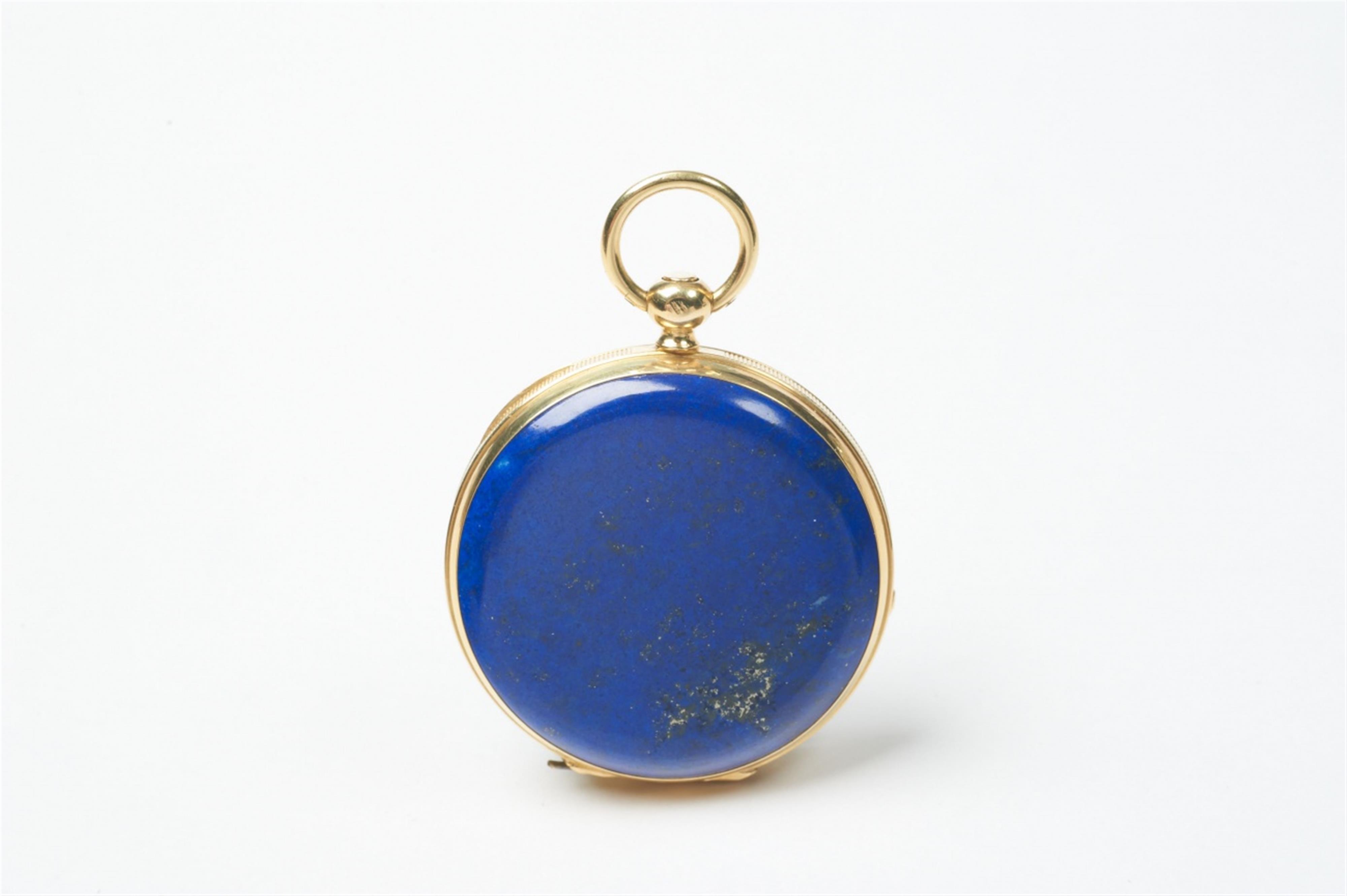A French 18k gold and lapislazuli openface pendant watch with cylinder escapement. Gold, enamel and diamond watch chain with key and seal. - image-3