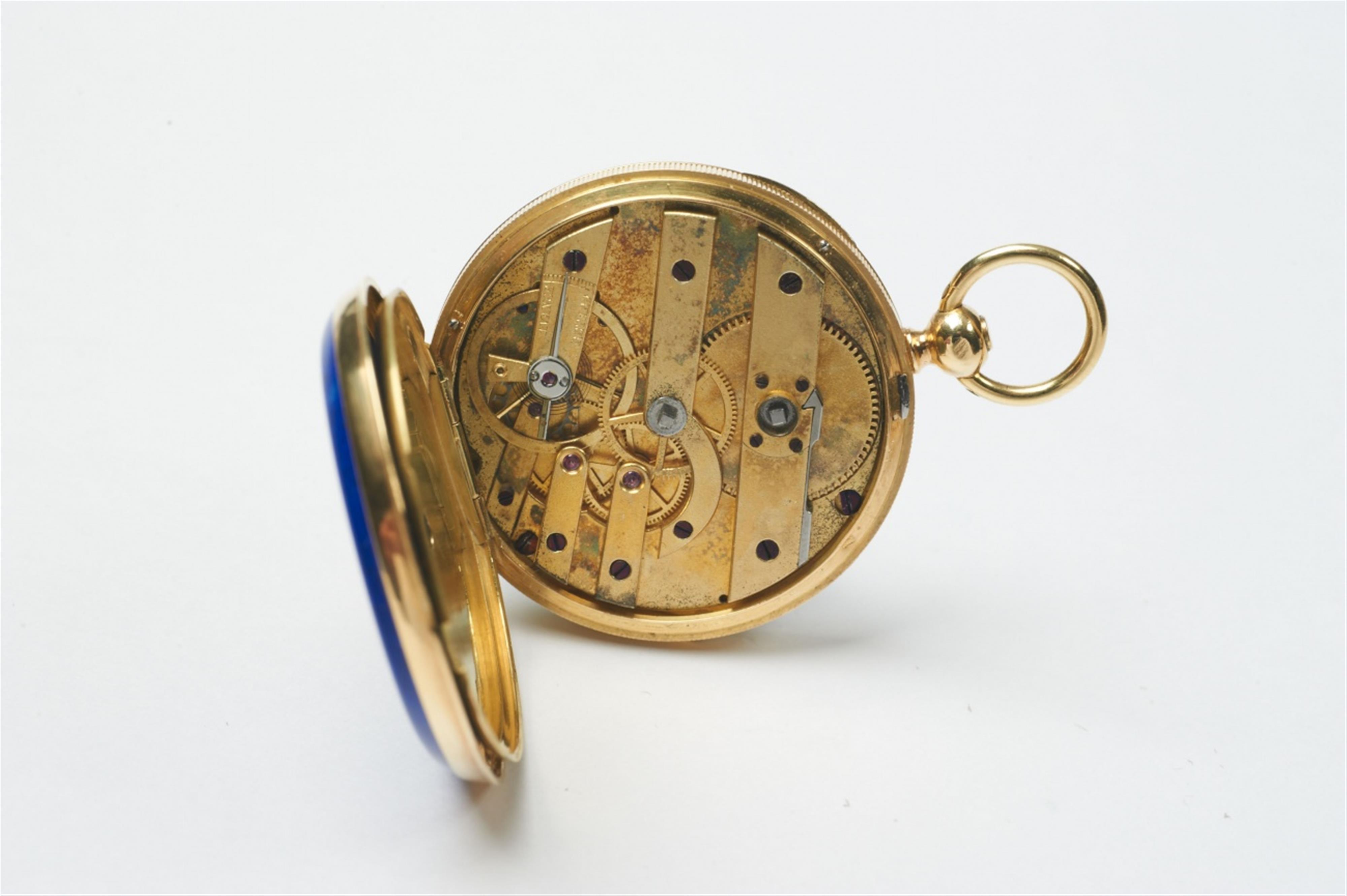 A French 18k gold and lapislazuli openface pendant watch with cylinder escapement. Gold, enamel and diamond watch chain with key and seal. - image-4
