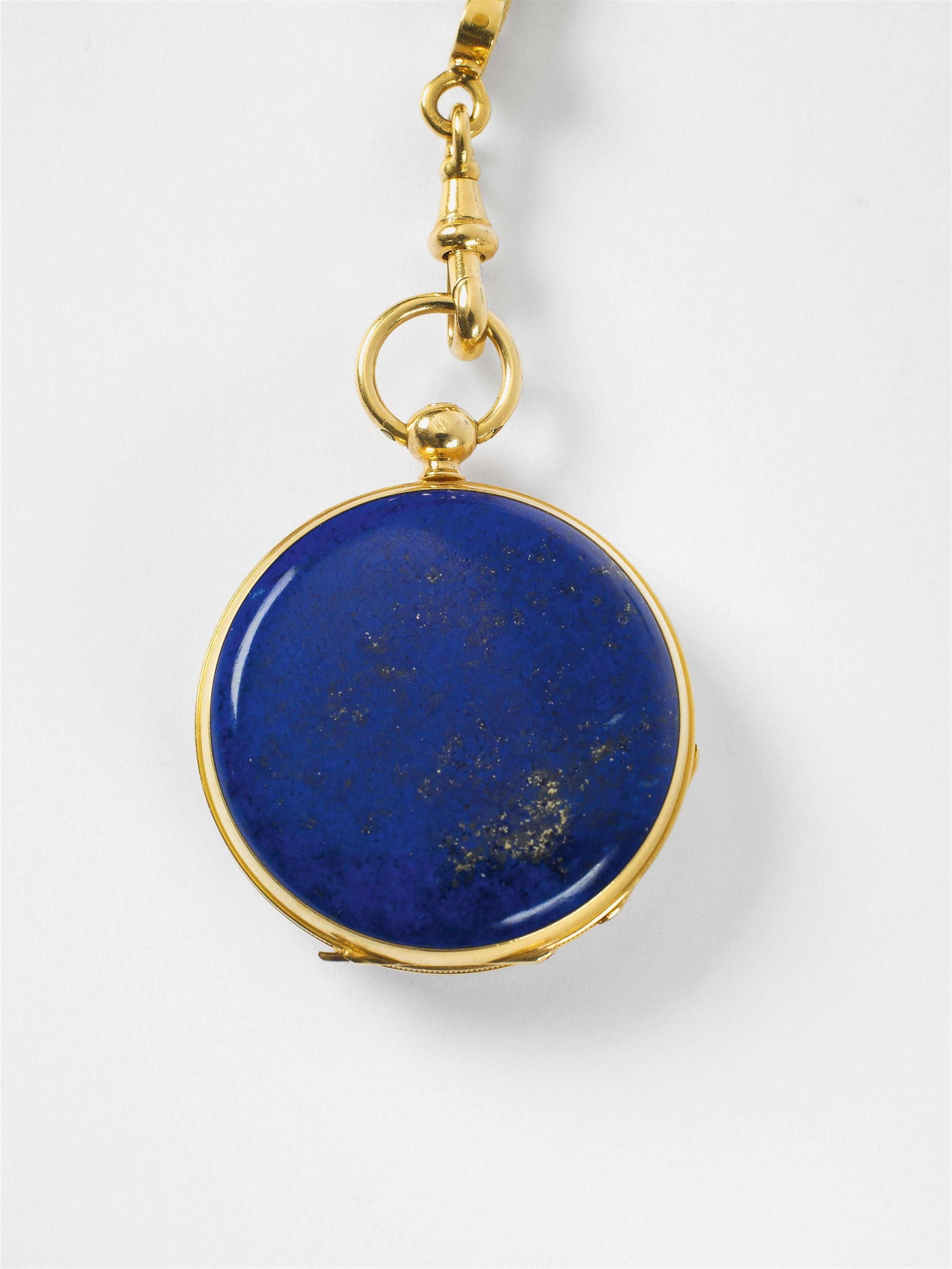 A French 18k gold and lapislazuli openface pendant watch with cylinder escapement. Gold, enamel and diamond watch chain with key and seal. - image-5