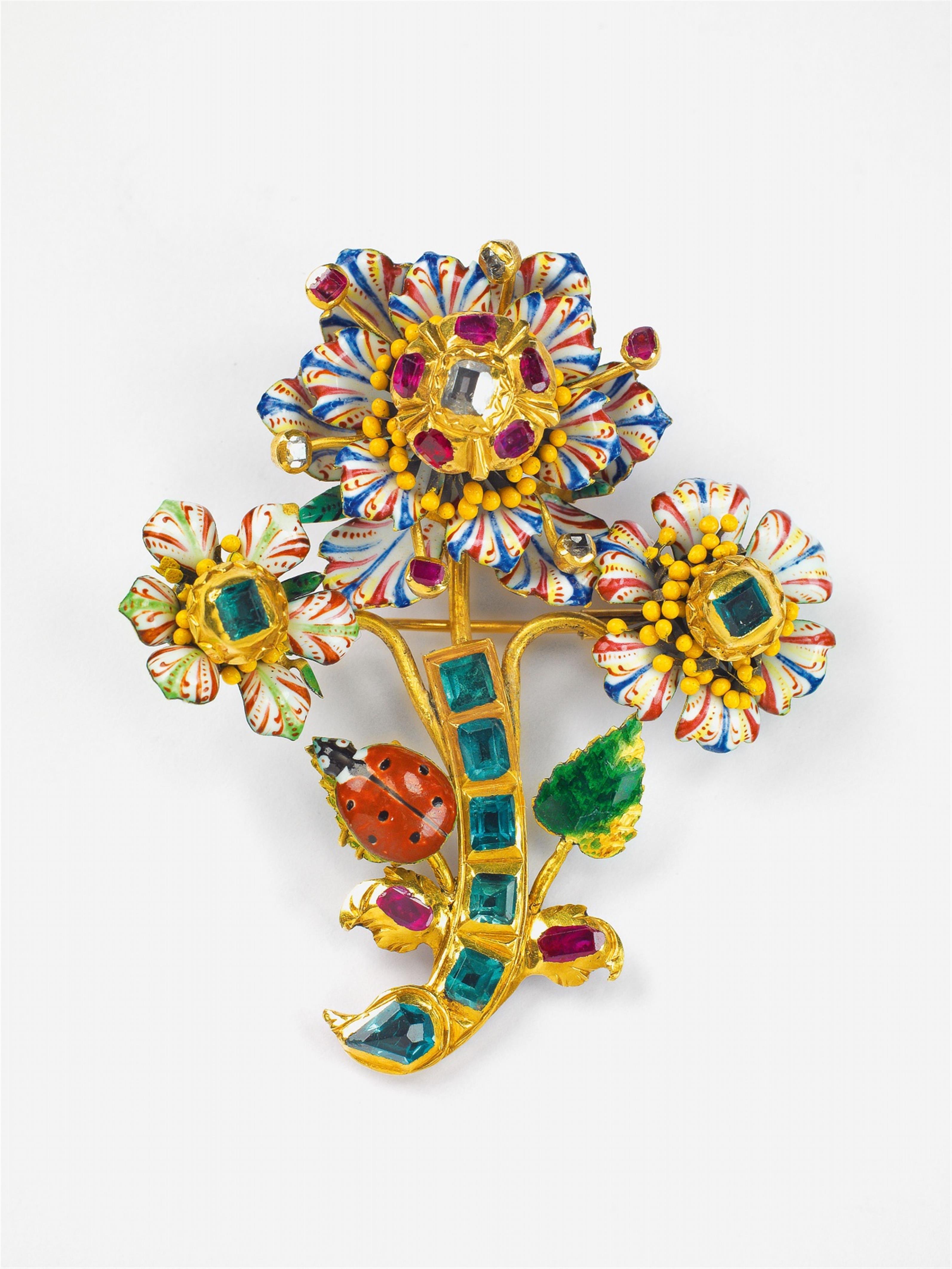 A Baroque gold, enamel and gem-set floral brooch - image-1