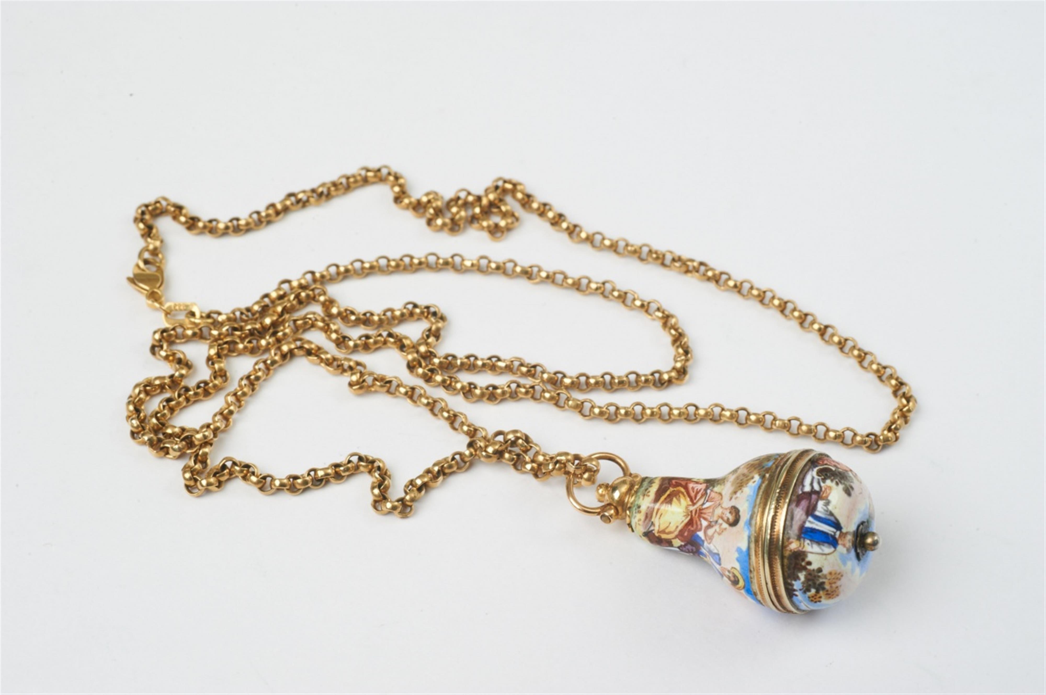 A Viennese silver gilt and enamel pomander pendant with 9k gold chain - image-1