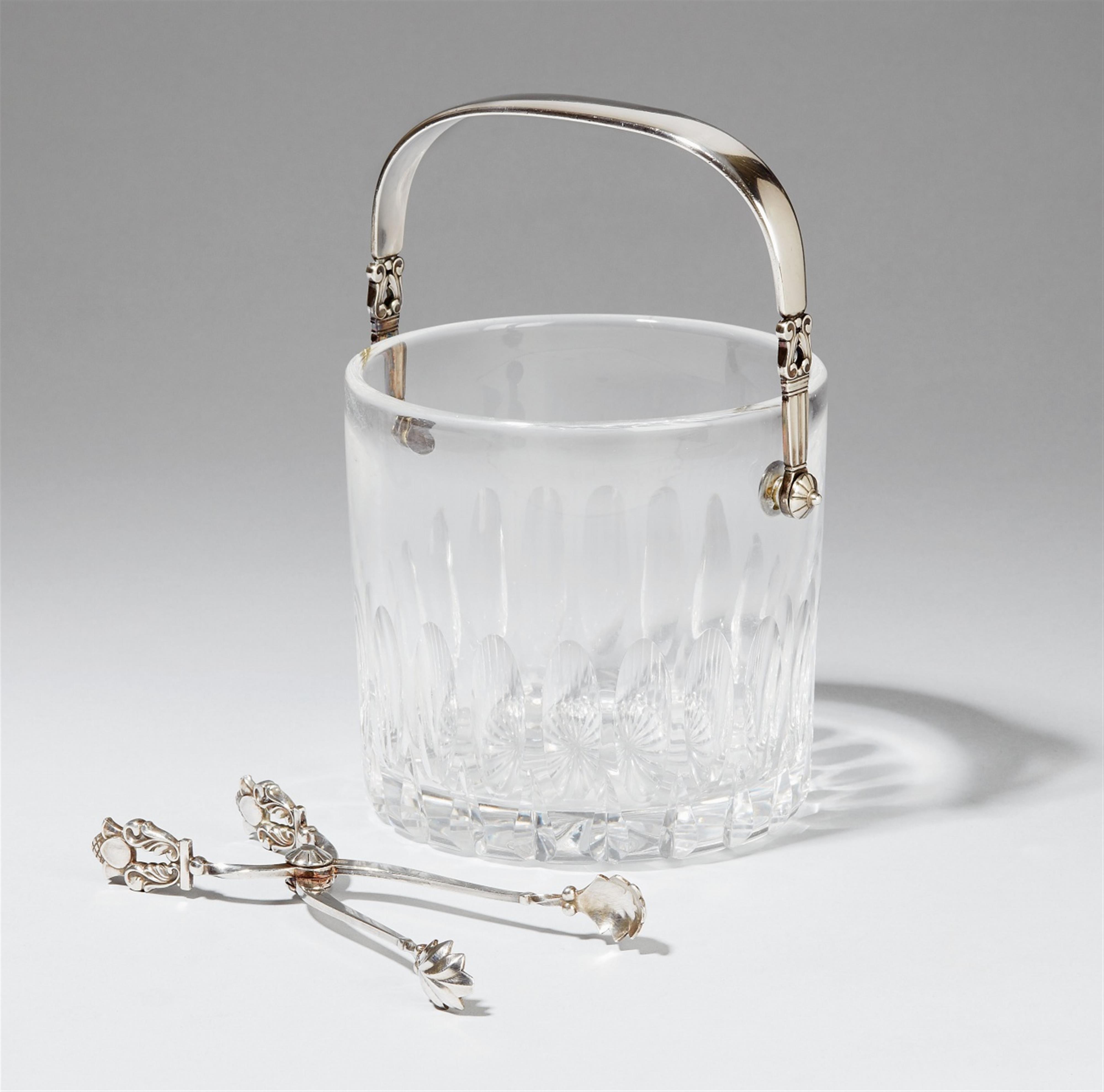A Copenhagen silver ice bucket and tongs. Acorn/König model, with a glass inset. Marks of Georg Jensen, designed by Johan Rohde 1931, produced 1945 - 76. - image-1