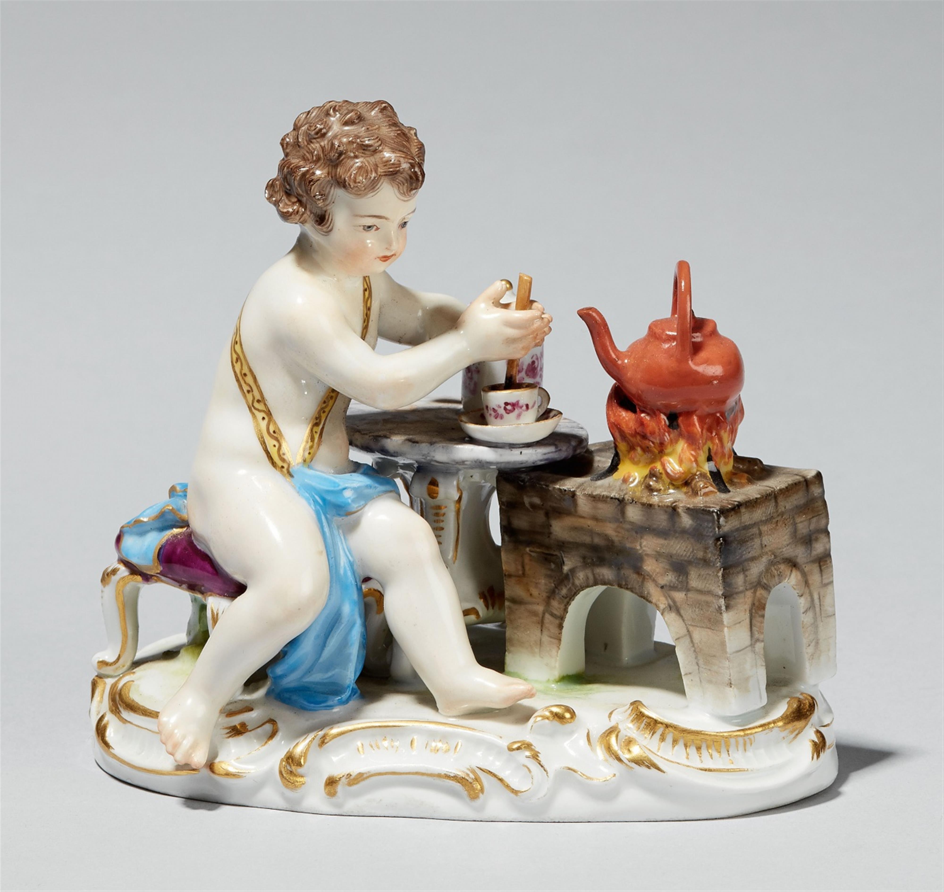 A Meissen porcelain figure of a putto making hot chocolate as an allegory of fire - image-1