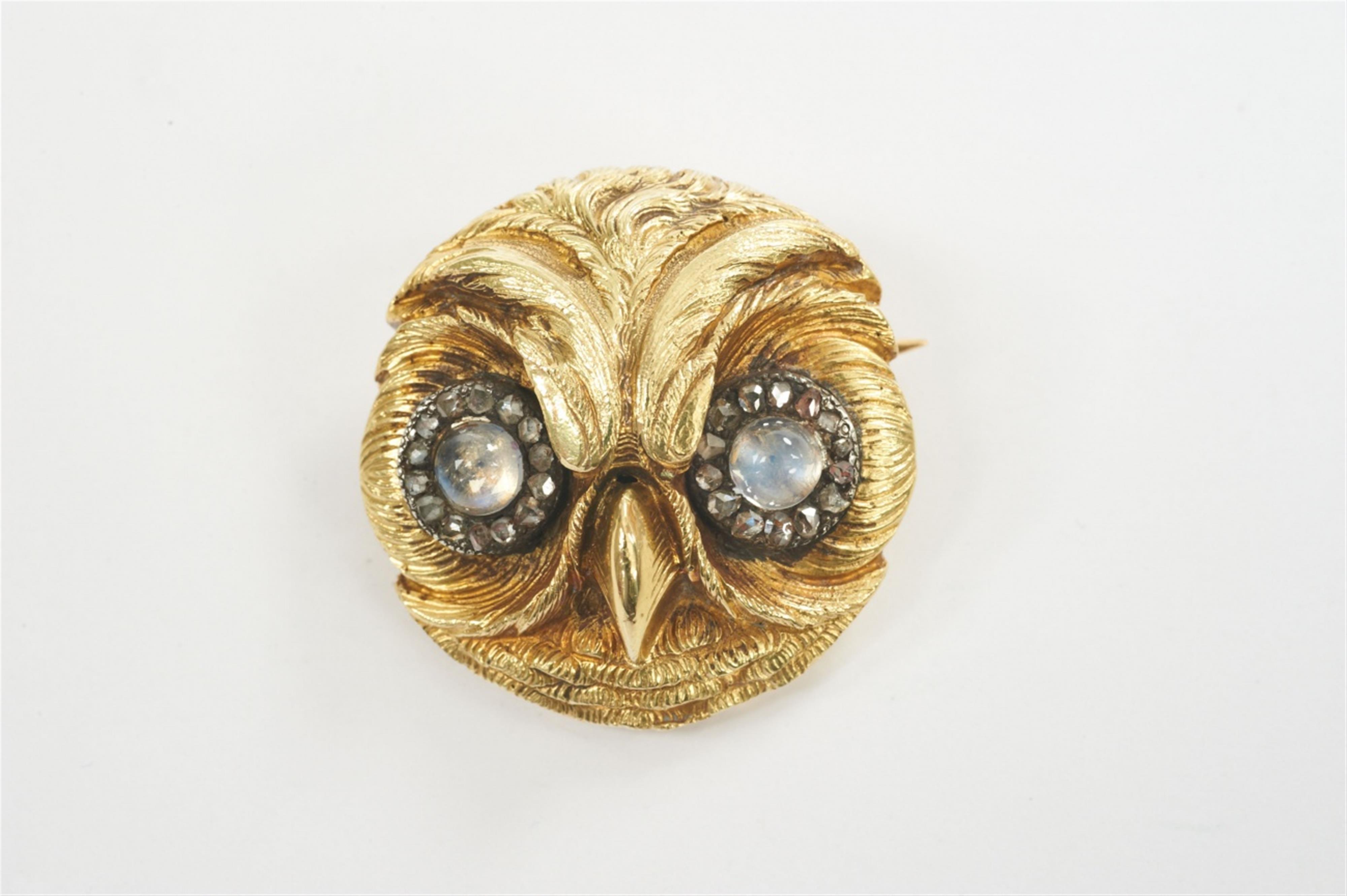 A French 18k gold, silver, diamond and moonstone owl brooch by Paul Robin - image-1