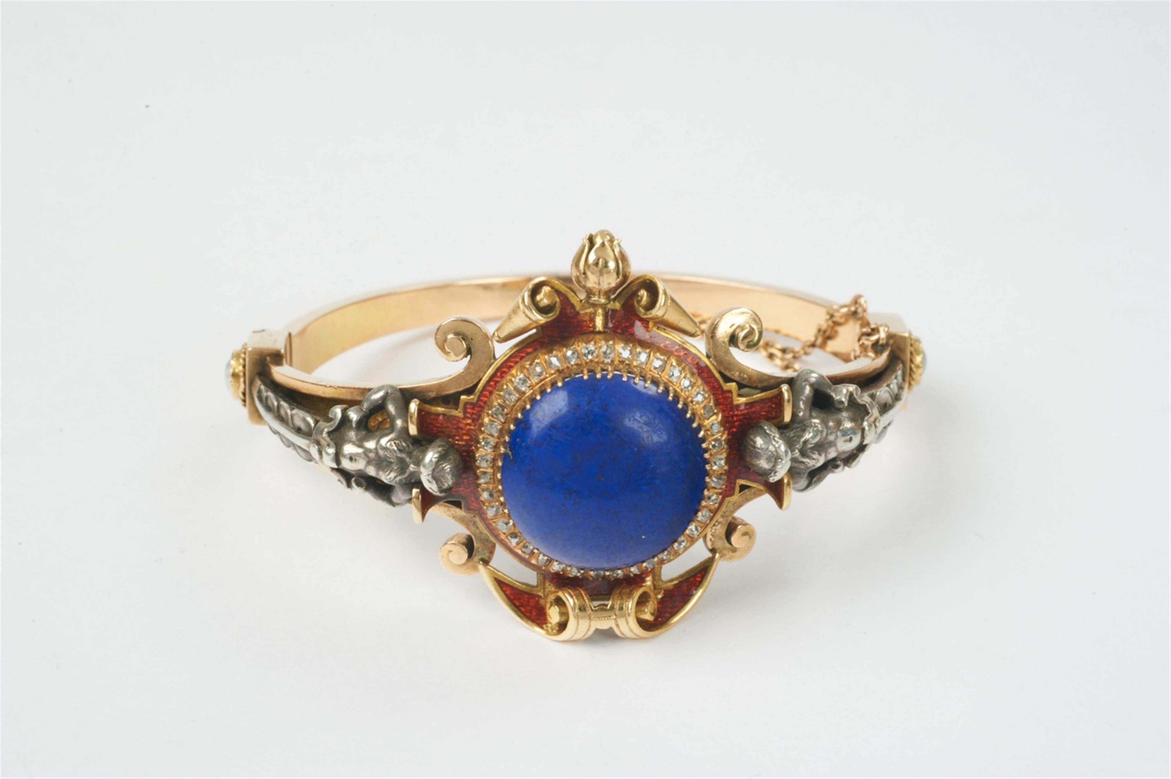 A 14k gold, silver and enamel Renaissance revival bangle with lapis lazuli cabochon - image-1