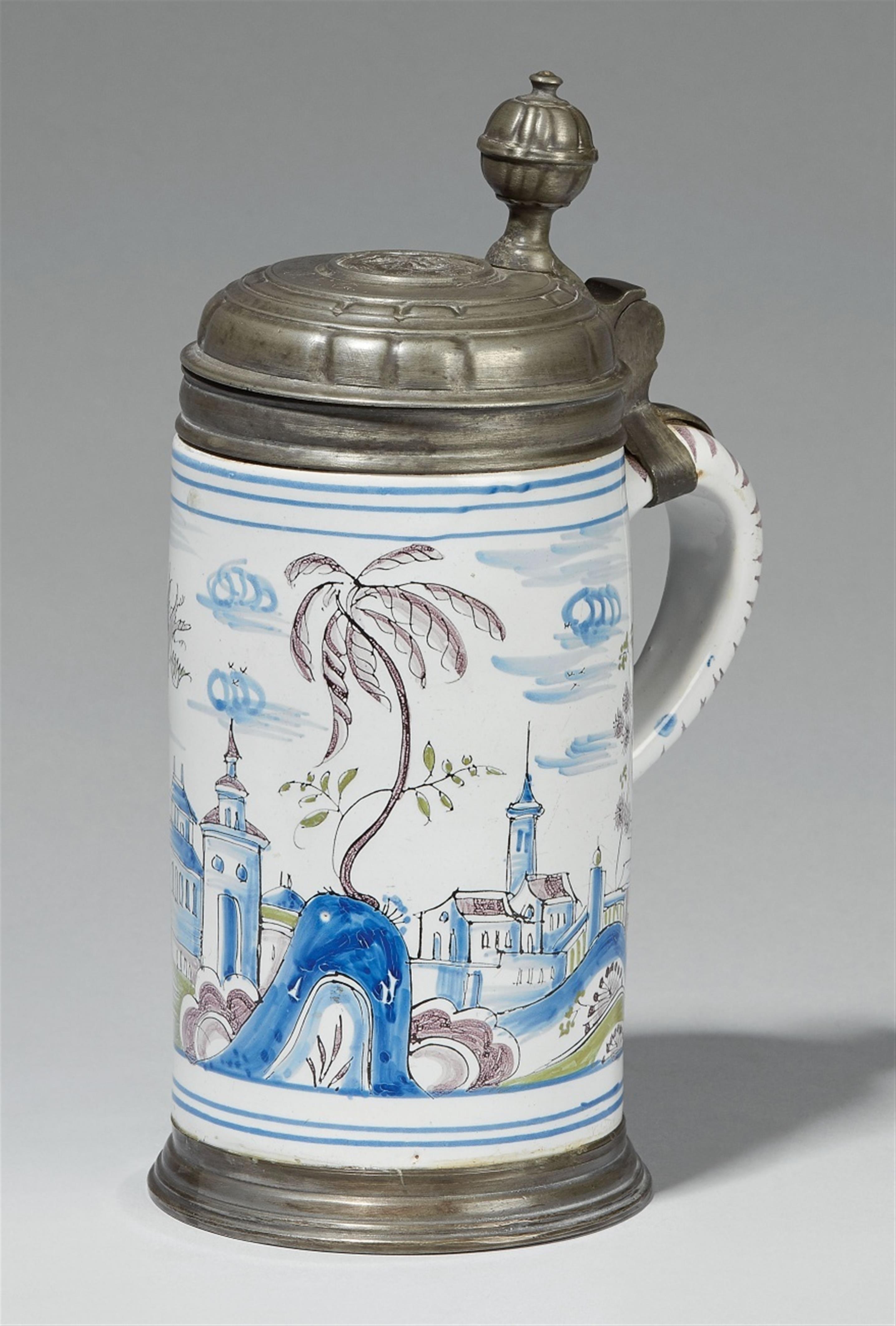 A Thuringian faience "walzenkrug" pewter-mounted pitcher - image-1