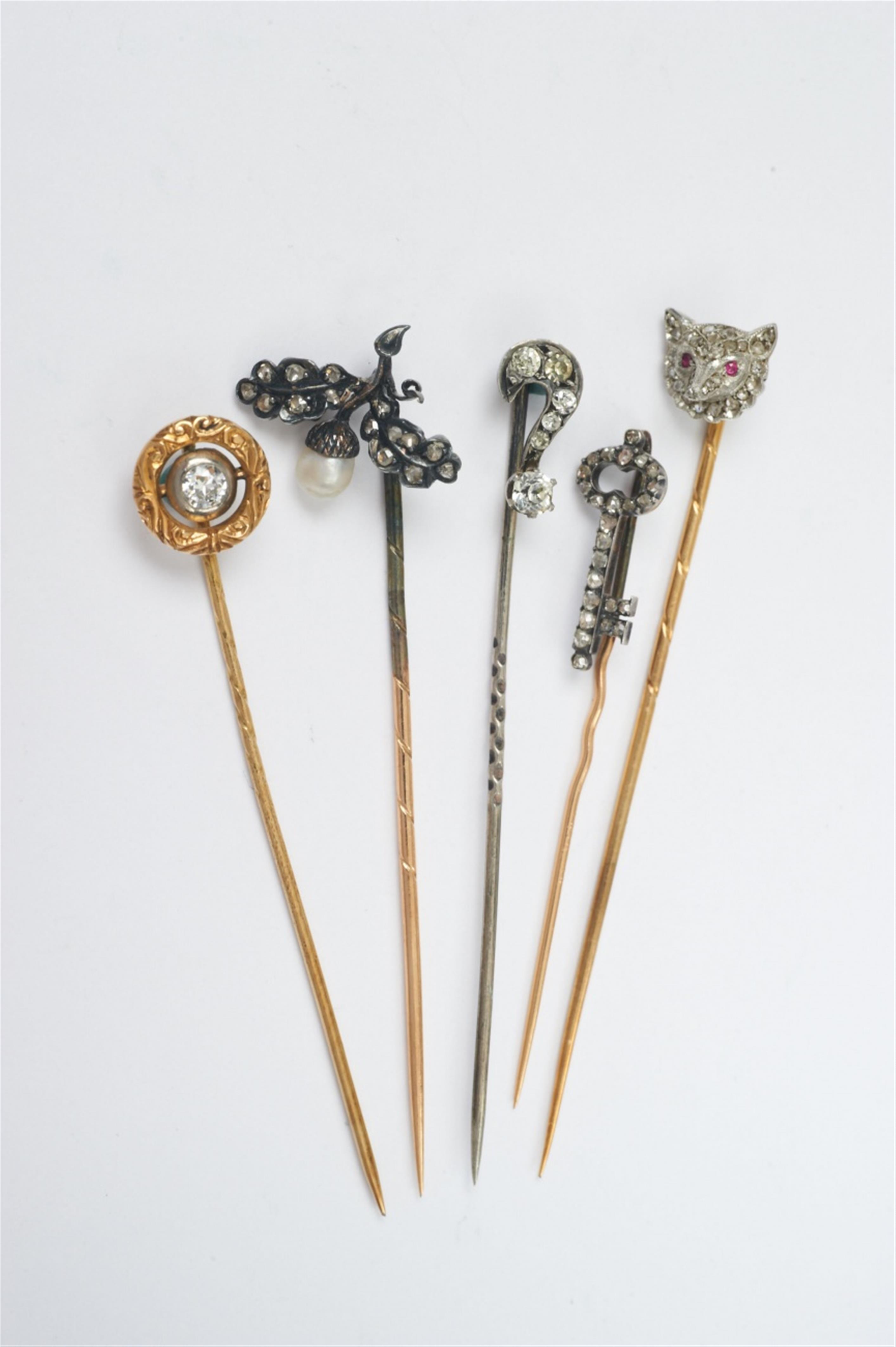 Five gold, silver, pearl and diamond Belle Epoque tie pins - image-1