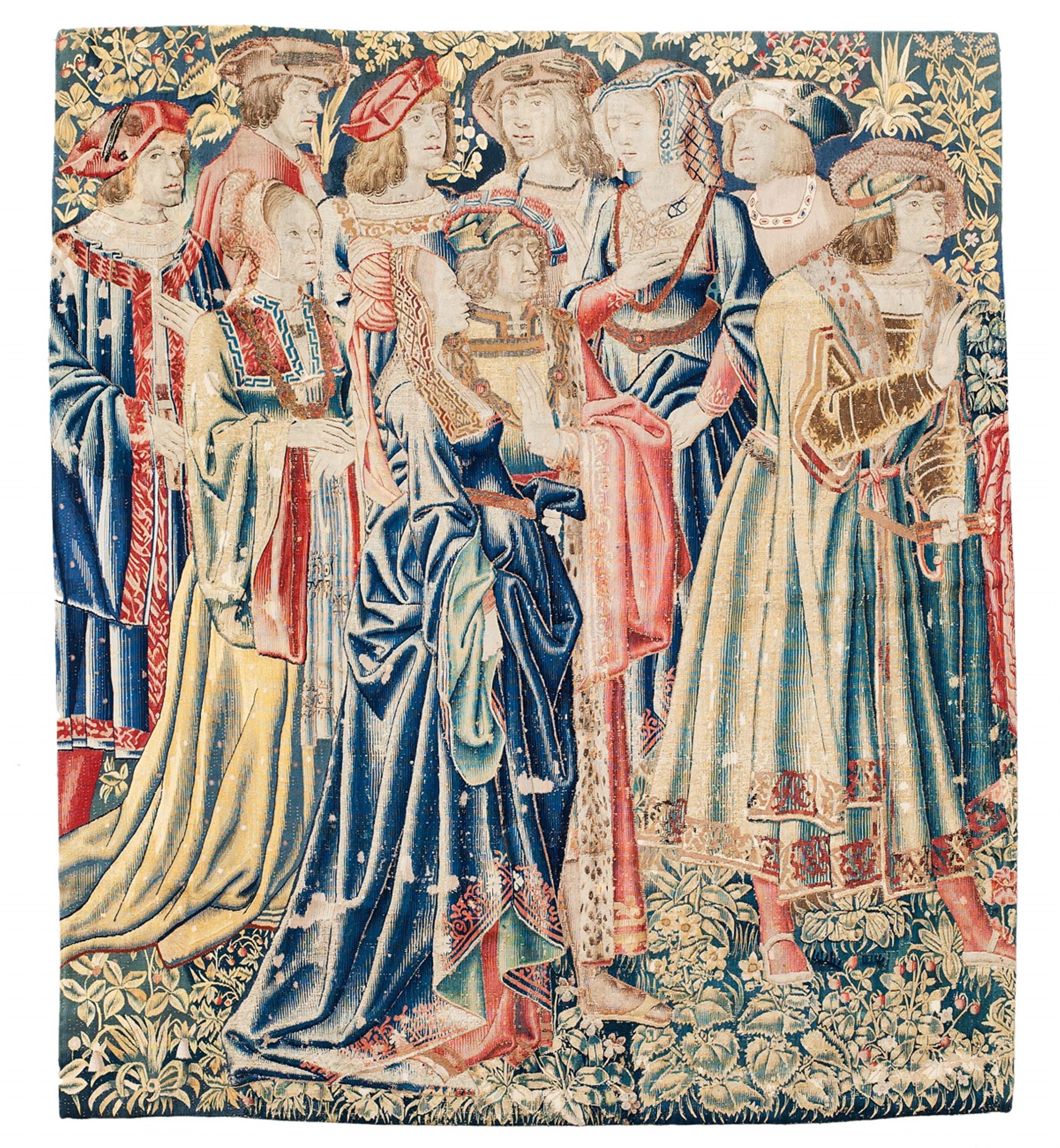 A Flemish wool and silk tapestry fragment with courtly company - image-1