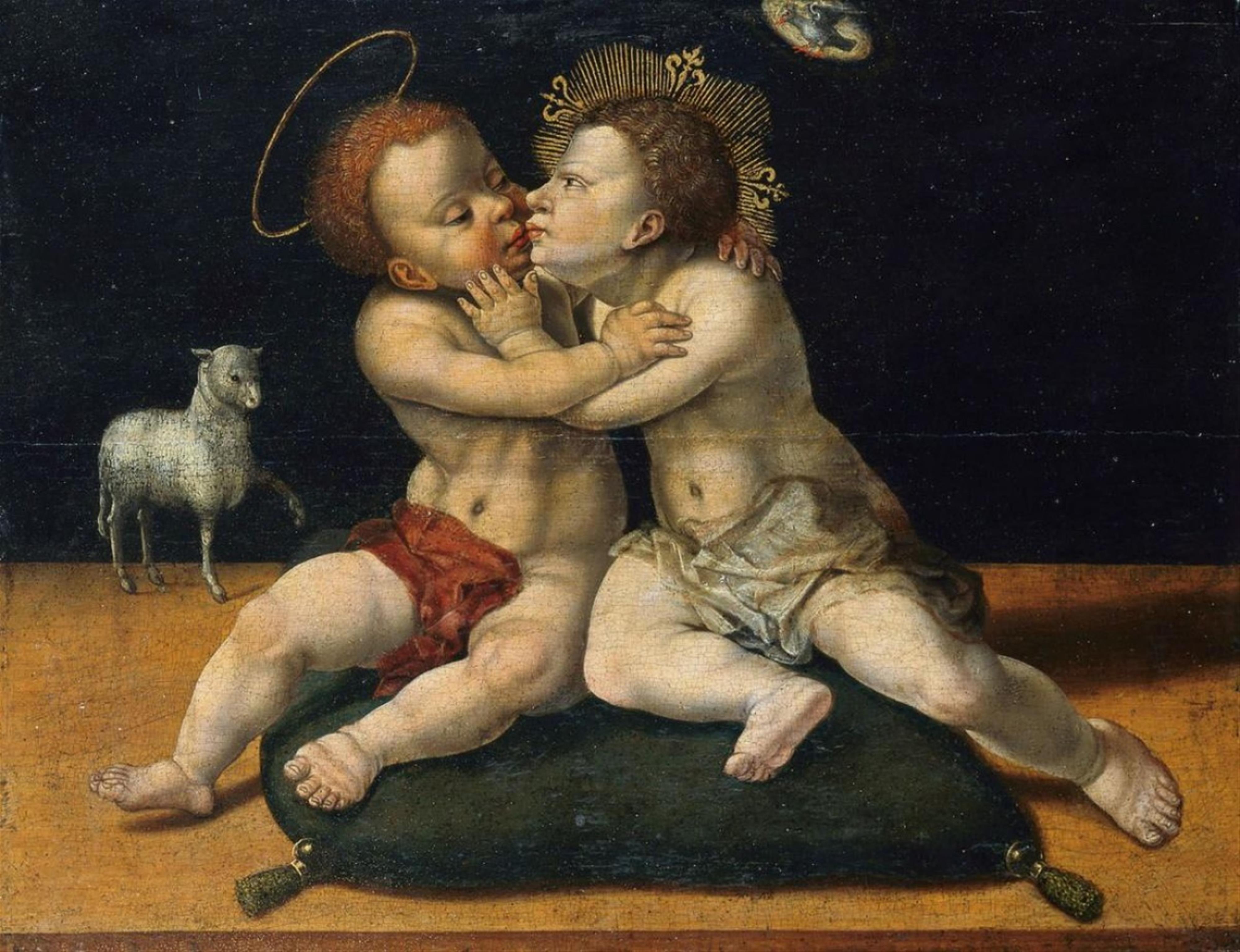 Joos van Cleve, studio of - The Young Christ and John the Baptist Kissing - image-1