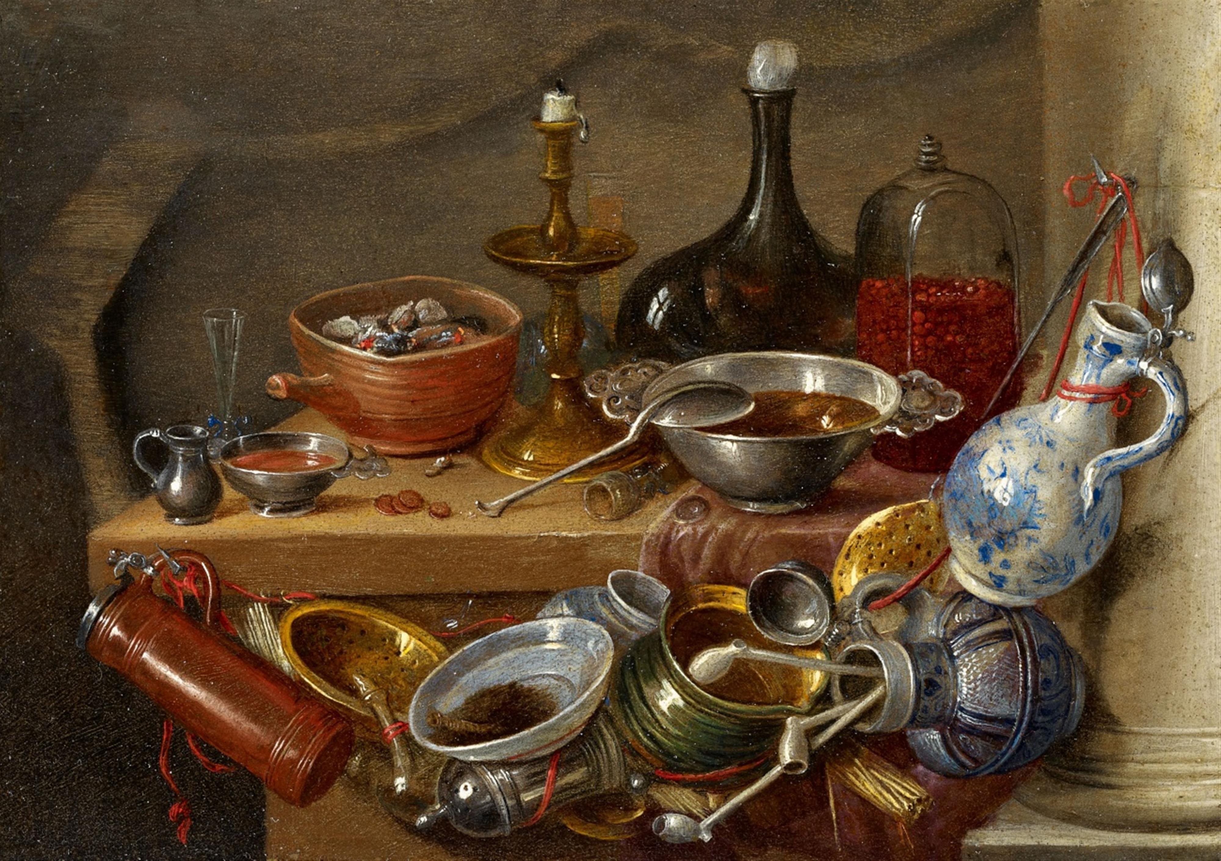 Jan van Kessel the Elder - Still Life with Kitchenwares, a Candle and a Bottle - image-1