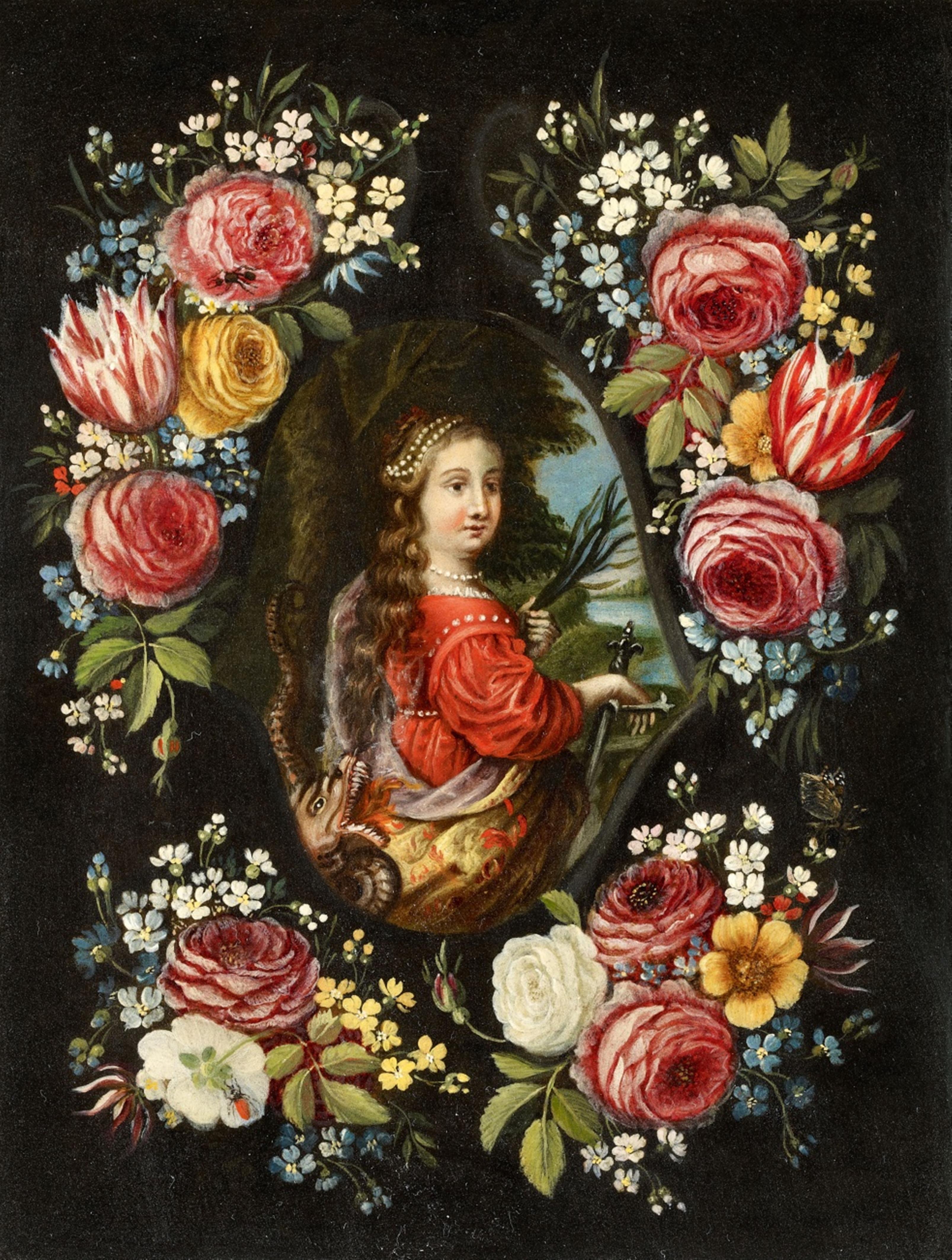Jan van Kessel d. Ä. und Werkstatt - Blumen vor Steinkartusche mit der Hl. Martha von Bethanien - image-1