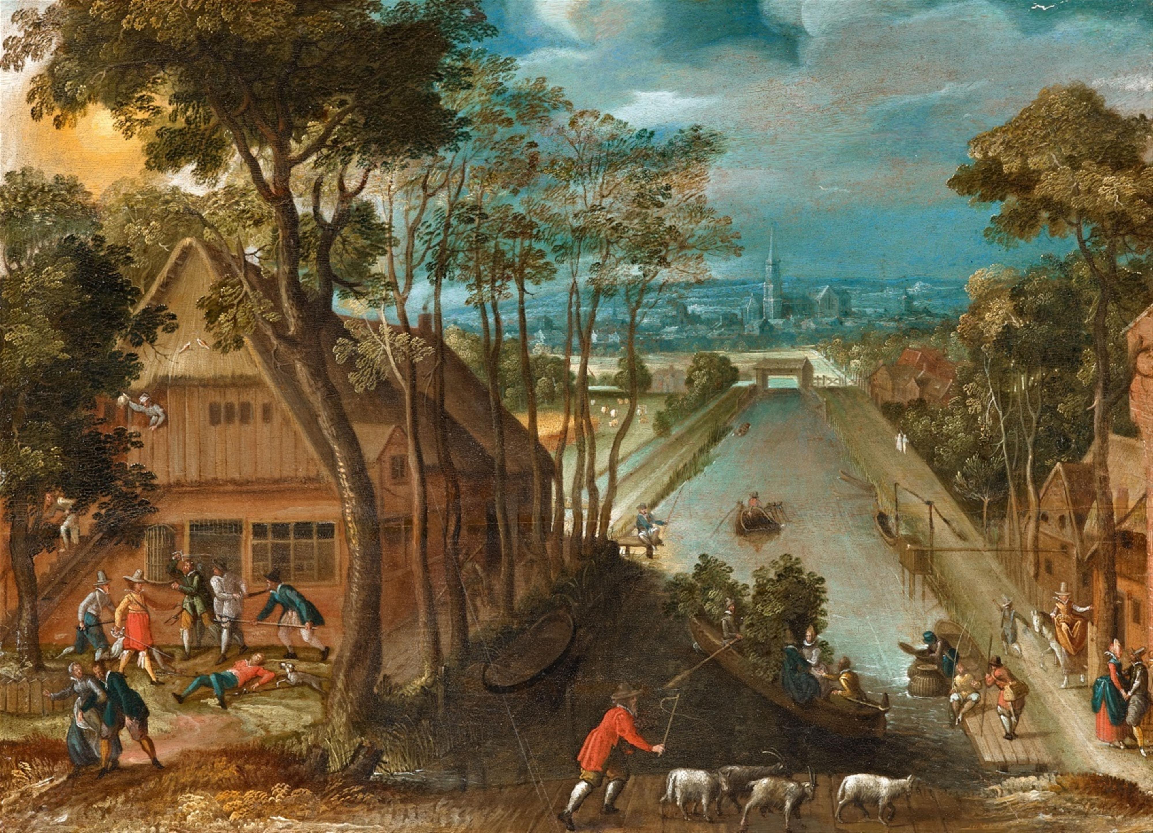 Flemish School of the 17th century - Panoramic Landscape with Figures and a Village - image-1