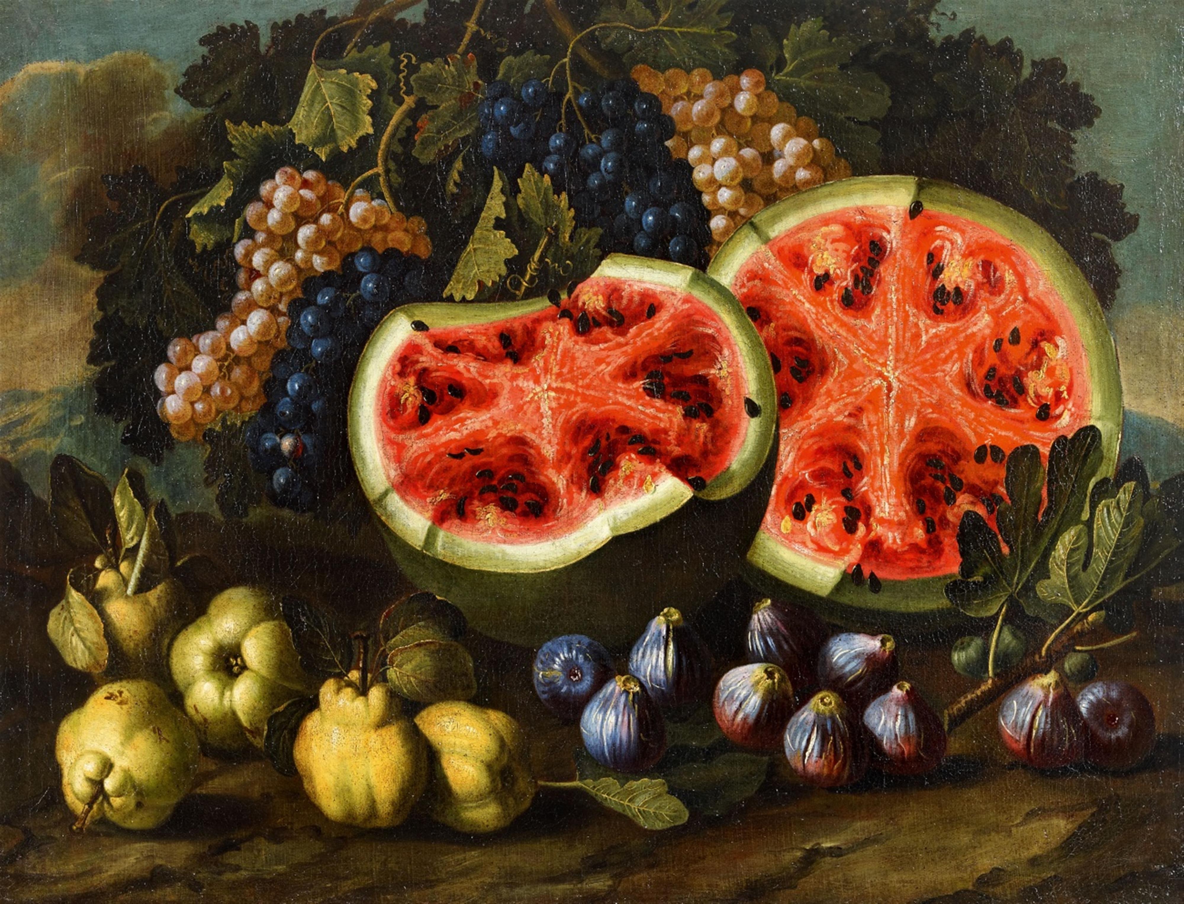 Monogrammist F. A. - Stillleben mit Äpfeln, Quitten, Feigen und Wassermelone - image-1