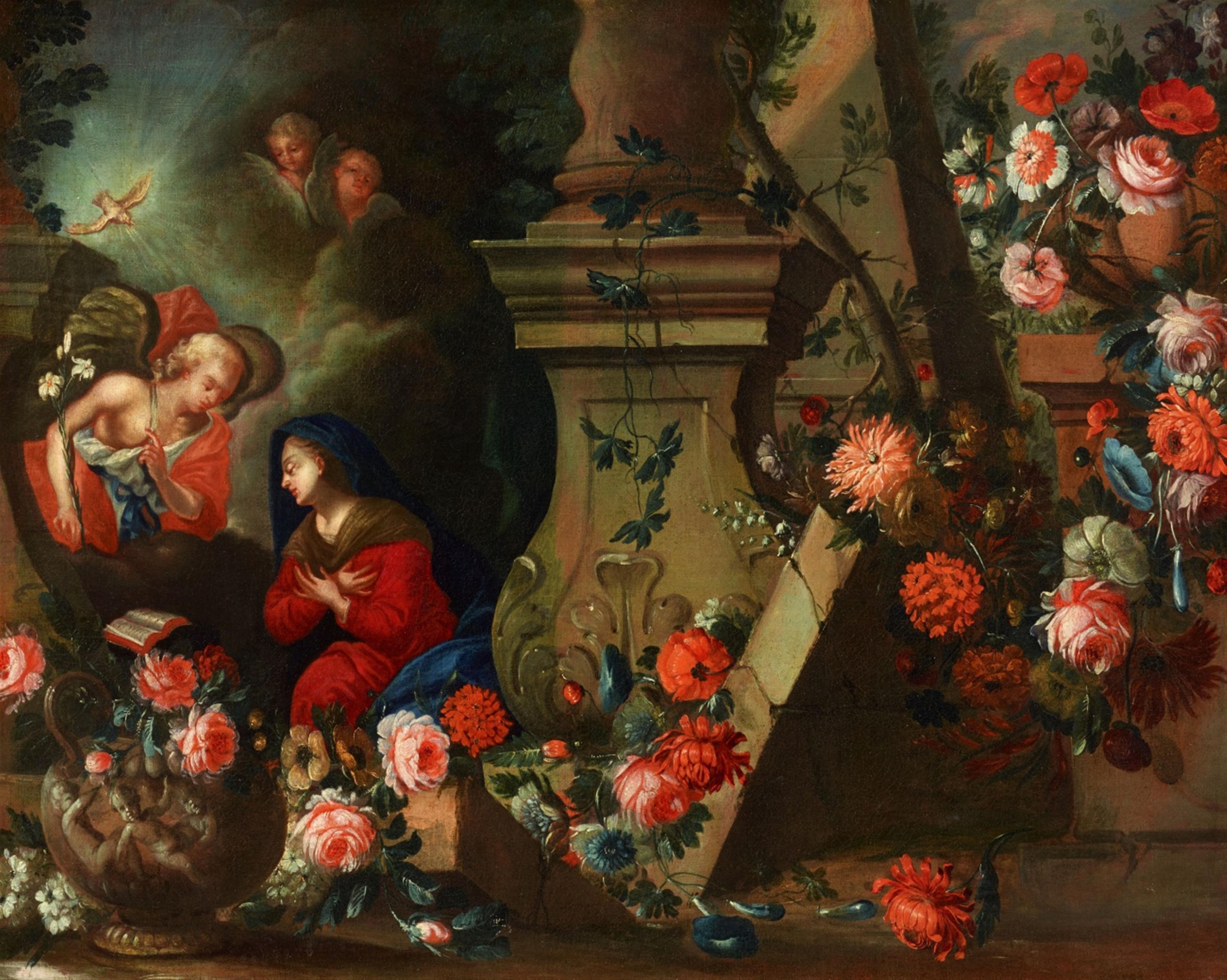 Flämischer Meister des späten 17. Jahrhunderts - Blumenstillleben mit Verkündigungsszene - image-1