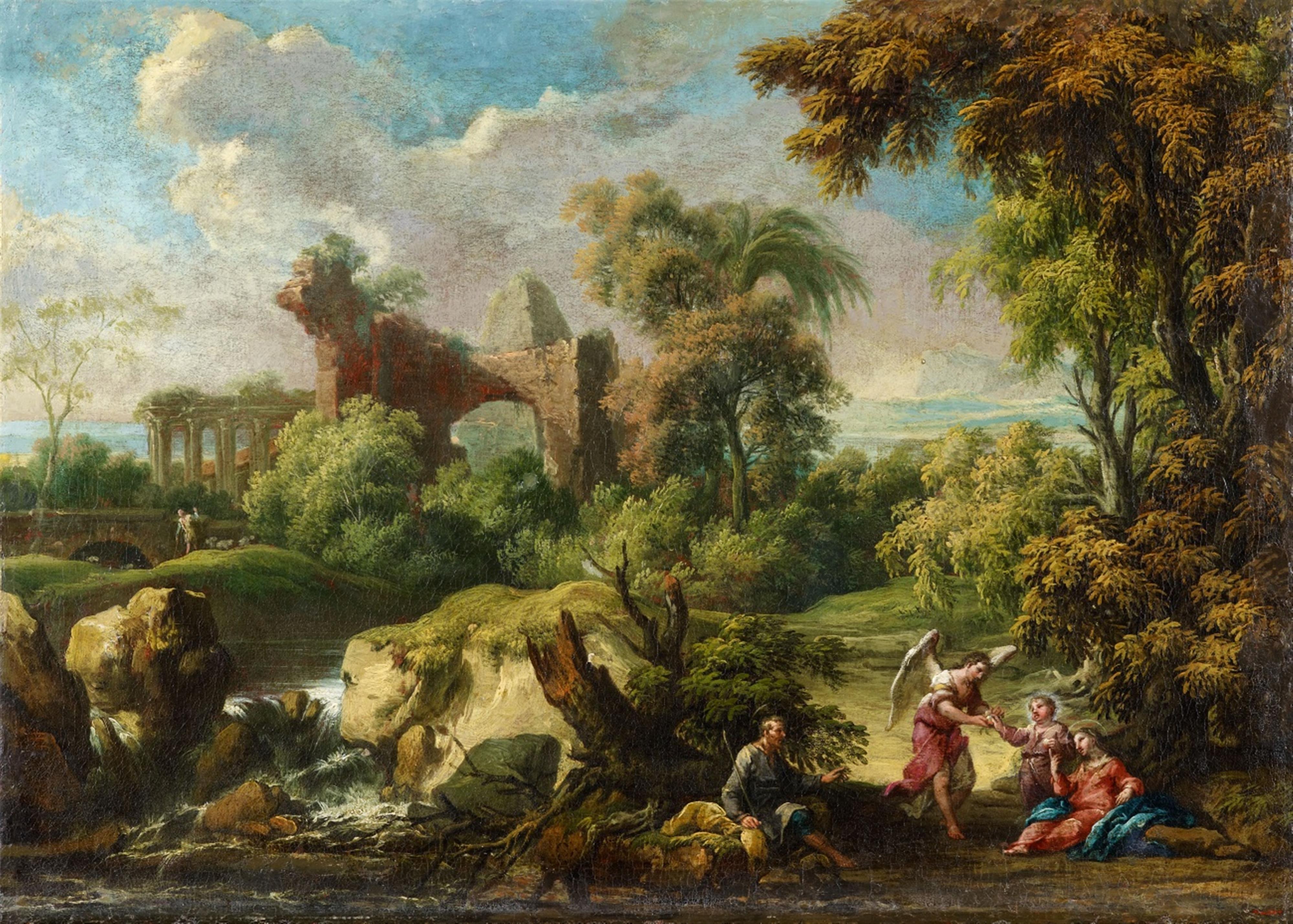 North Italian School of the 18th century - Landscape with Rest on the Flight into Egypt - image-1