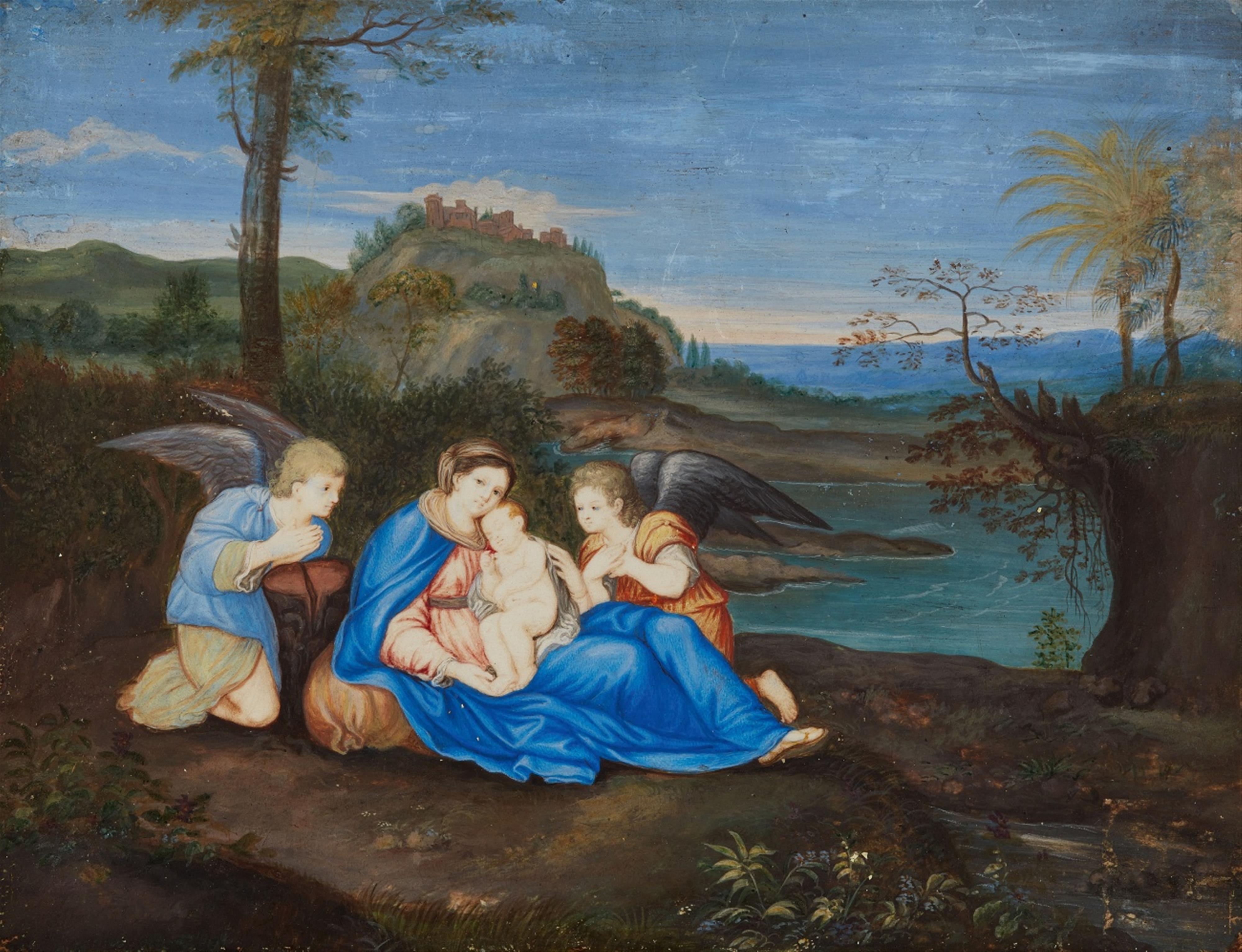 Flemish School circa 1600 - The Virgin and Child with Two Angels in a Landscape - image-1