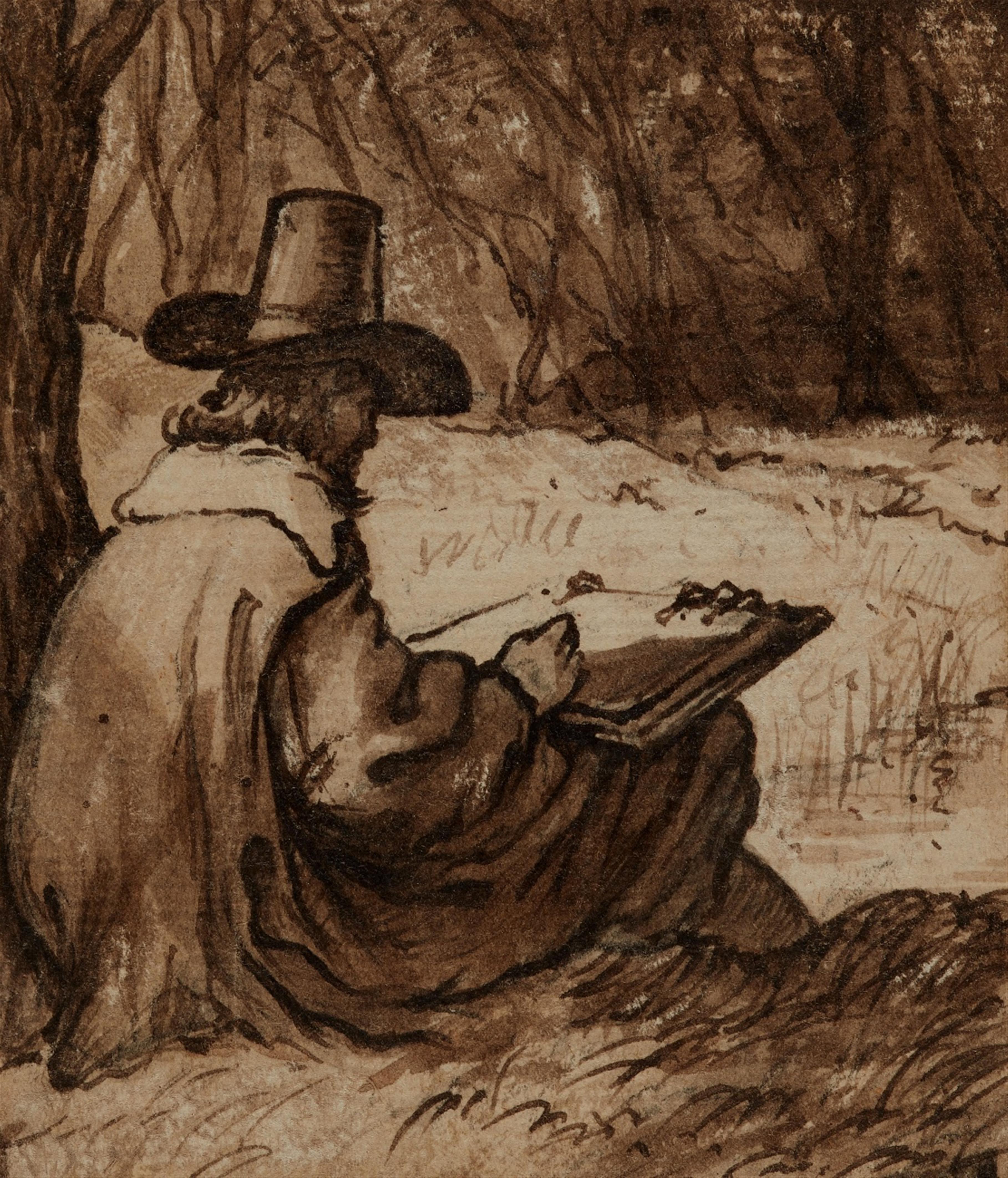 Lambert Doomer, Umkreis - Zeichner mit hohem Hut an einem Teich, von hinten gesehen - image-1
