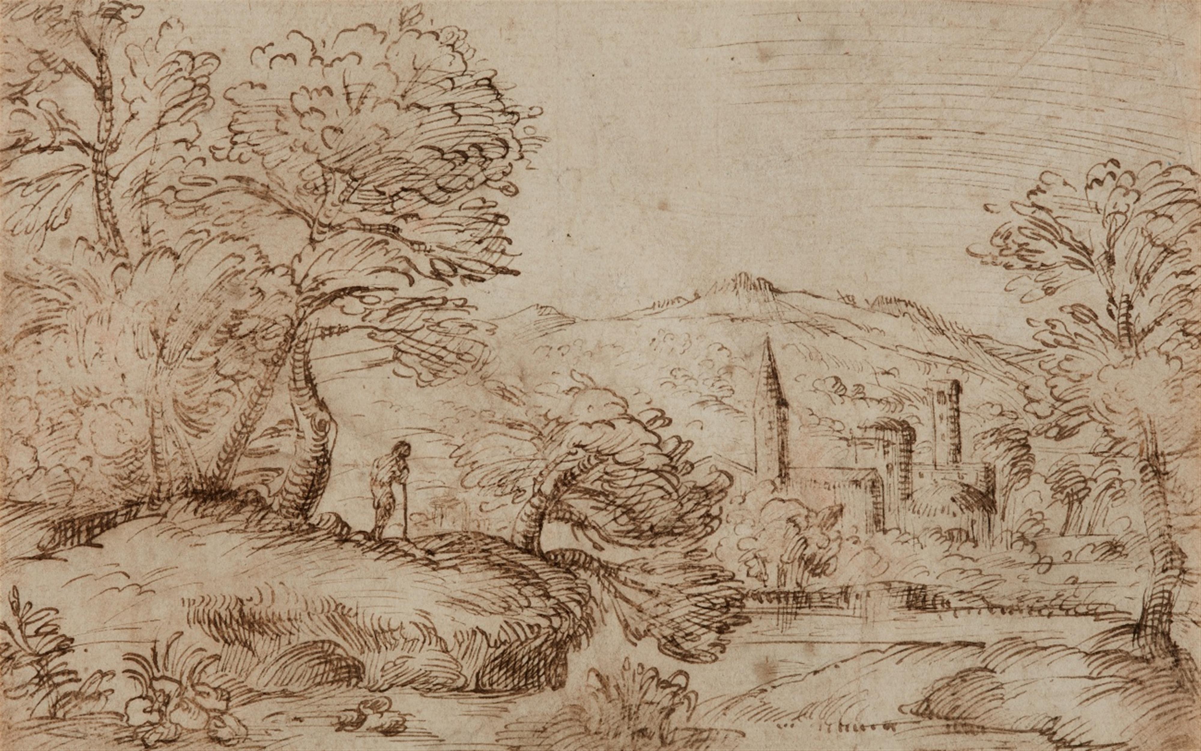 Bolognese School of the 17th century - Hilly River Landscape with a Rambler and a Town - image-1