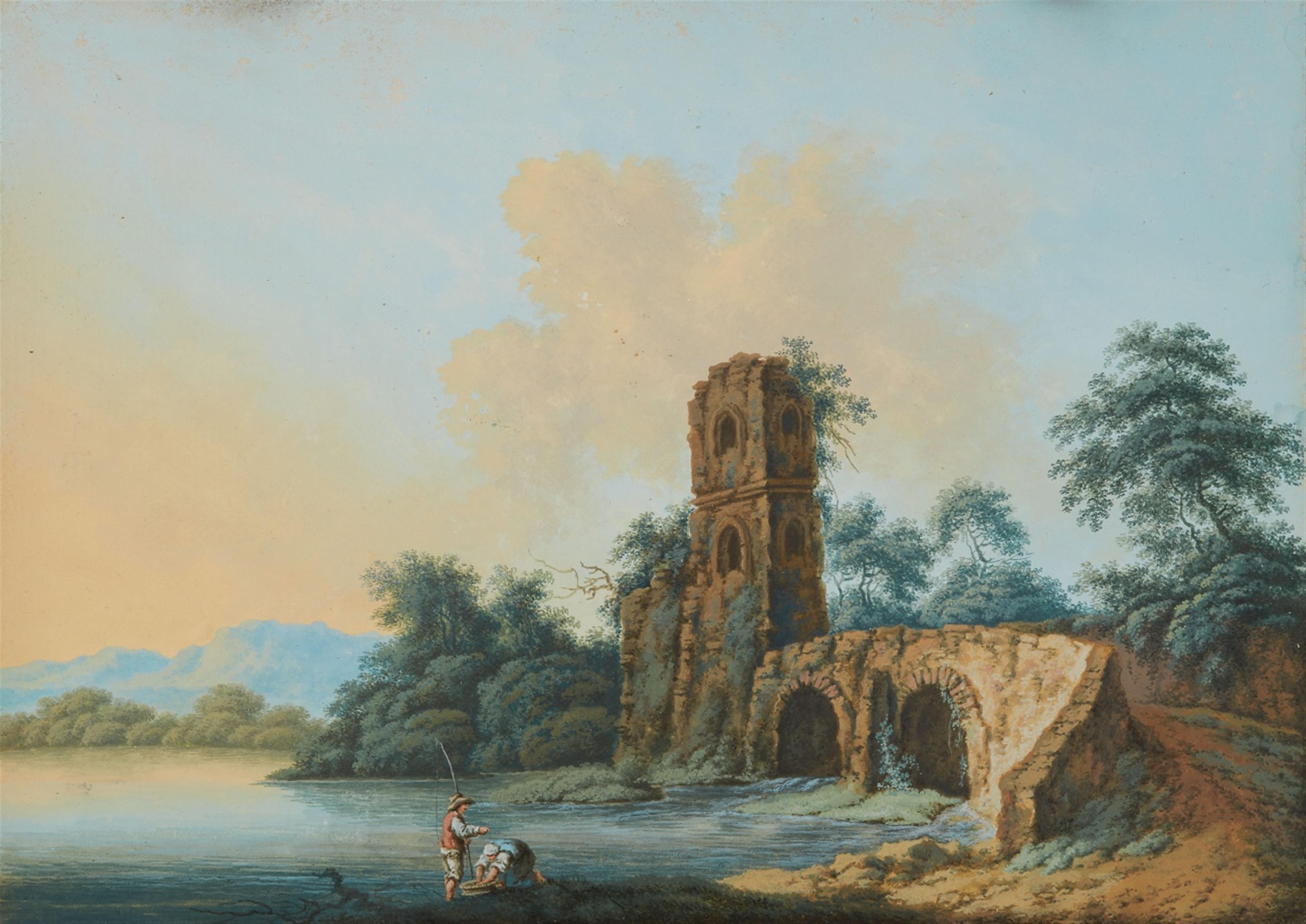 German or Swiss School 2nd half 18th century - Landscape with a Couple Fishing Landscape with a Shepherd Couple - image-1