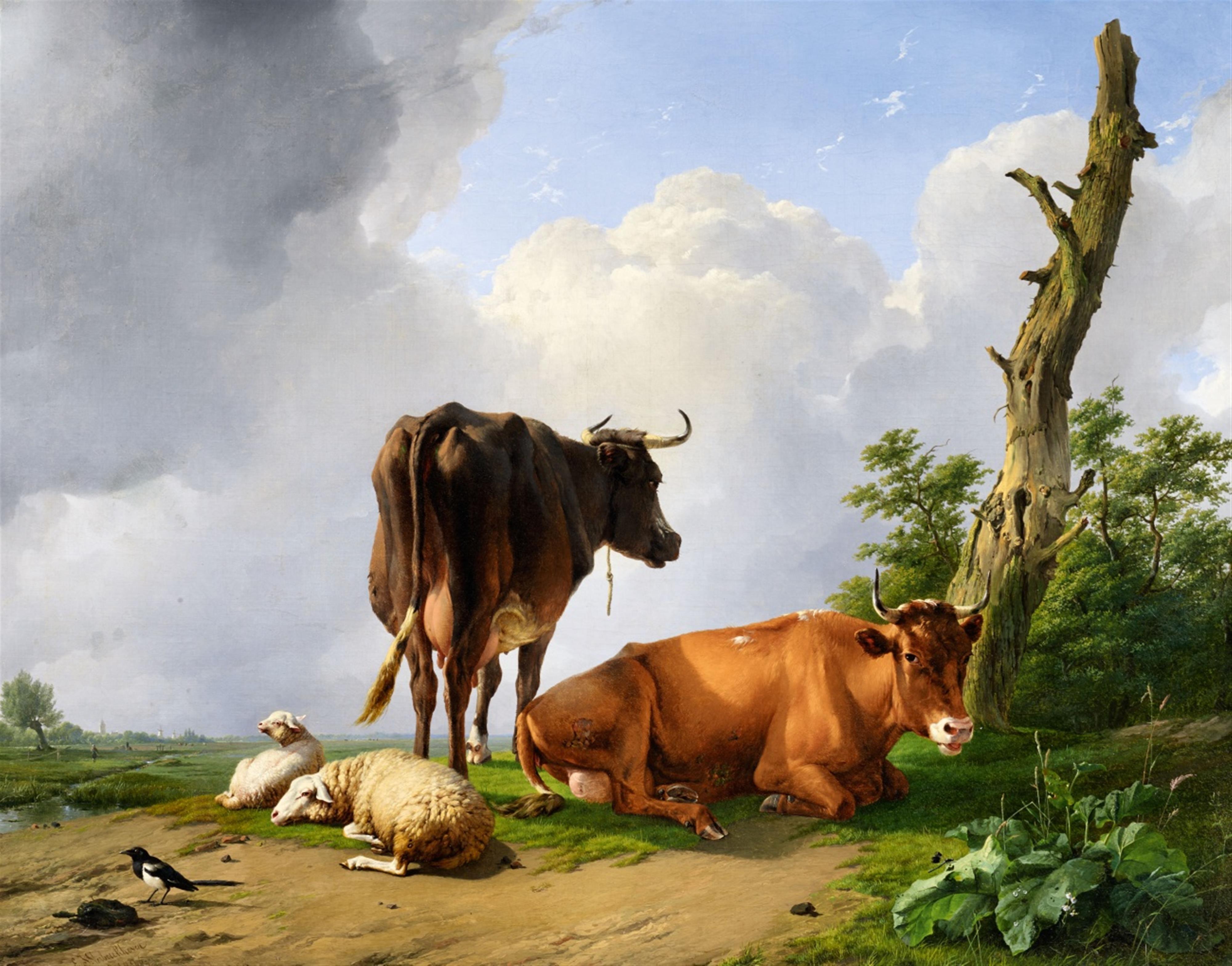 Eugène-Joseph Verboeckhoven - Weidelandschaft mit zwei Rindern und zwei Schafen - image-1