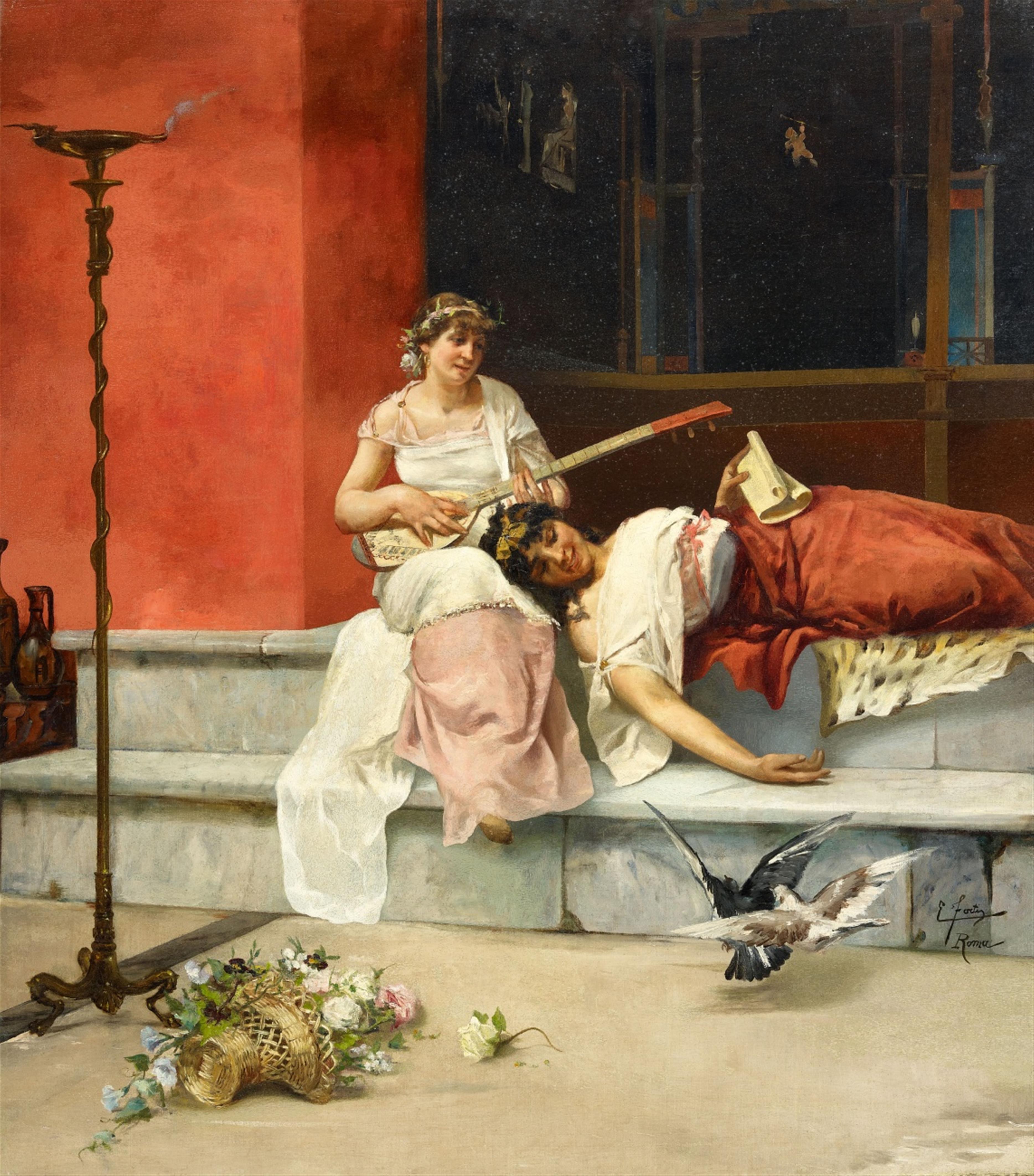 Ettore Forti - Classical Roman Interior with two Young Ladies - image-1