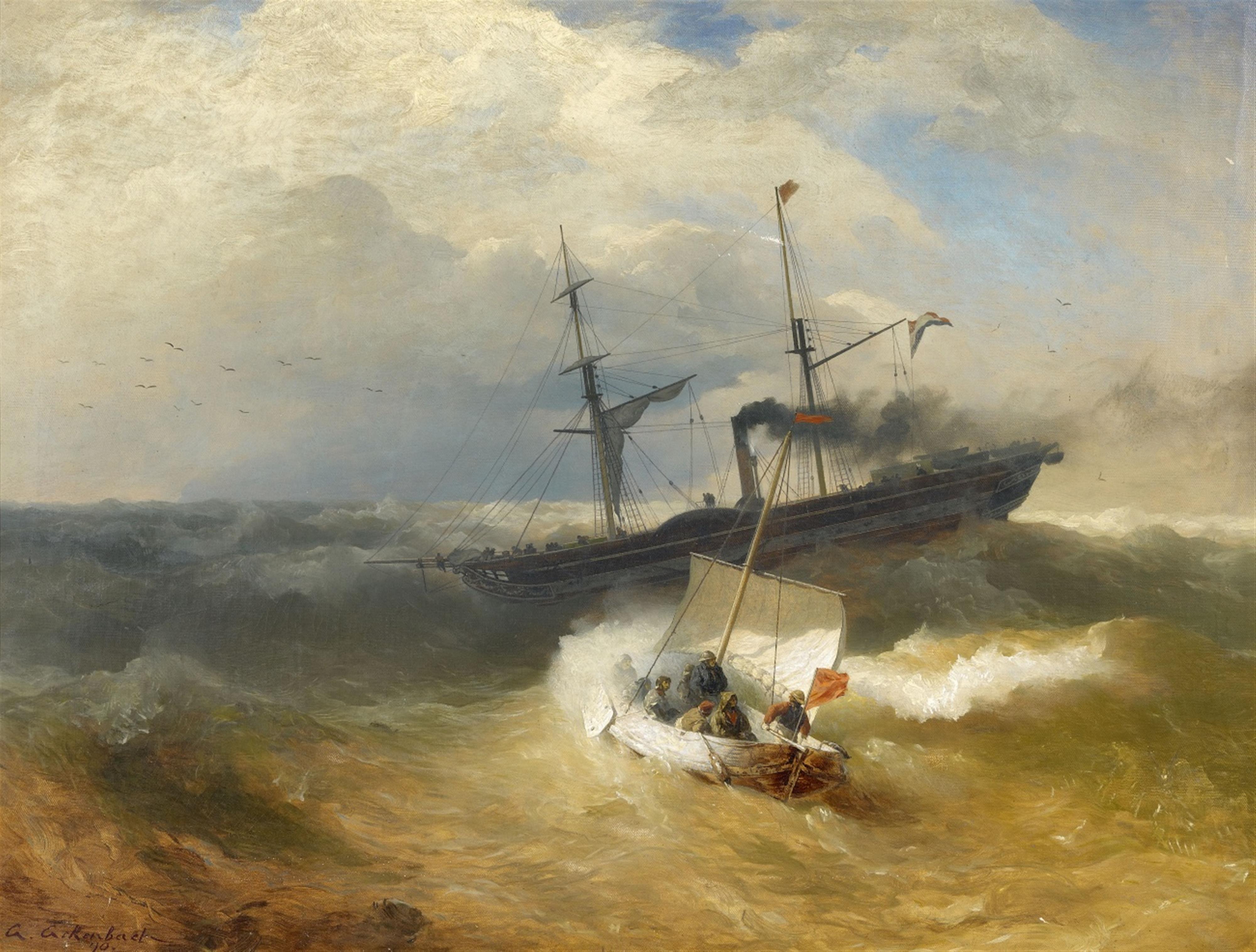 Andreas Achenbach - Steam Ship and Sailing Boat in Rough Seas - image-1