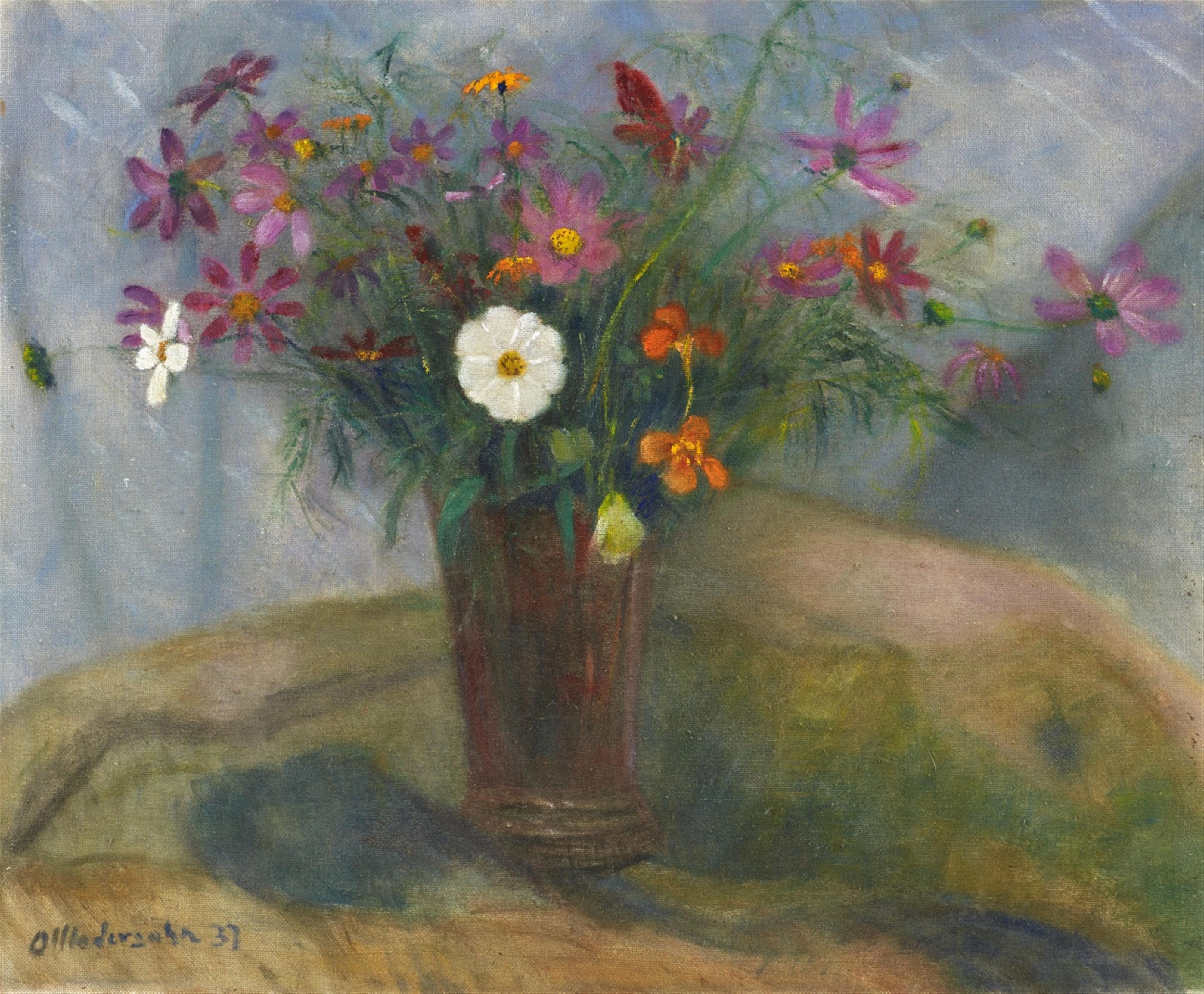 Otto Modersohn - Blumenstrauß in roter Vase mit weißer Herbstanemone - image-1