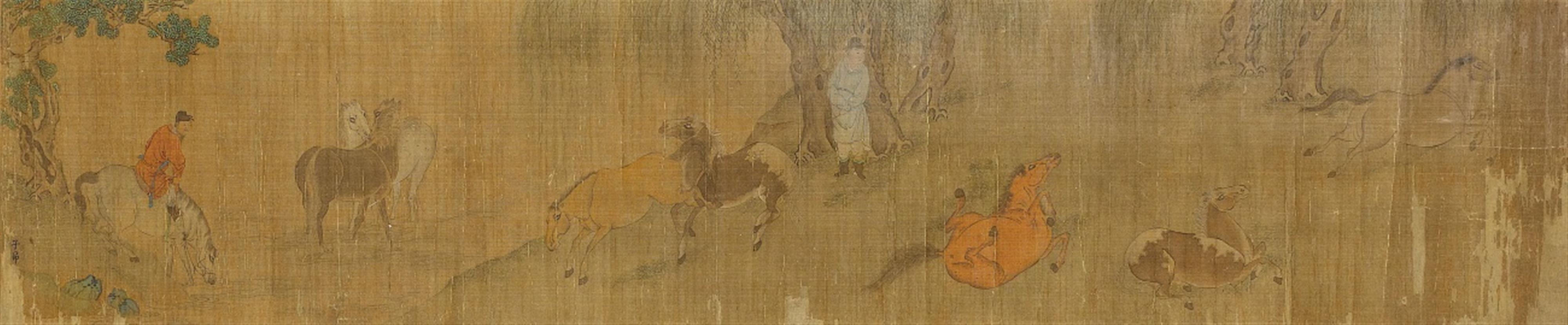Zhao Mengfu, in the manner of. Qing dynasty - Eight Horses of Emperor Mu Wang in the manner of Zhao Mengfu. Horizontal scroll. Ink and colour on silk. Inscribed Zi'ang. Qing dynasty. - image-1