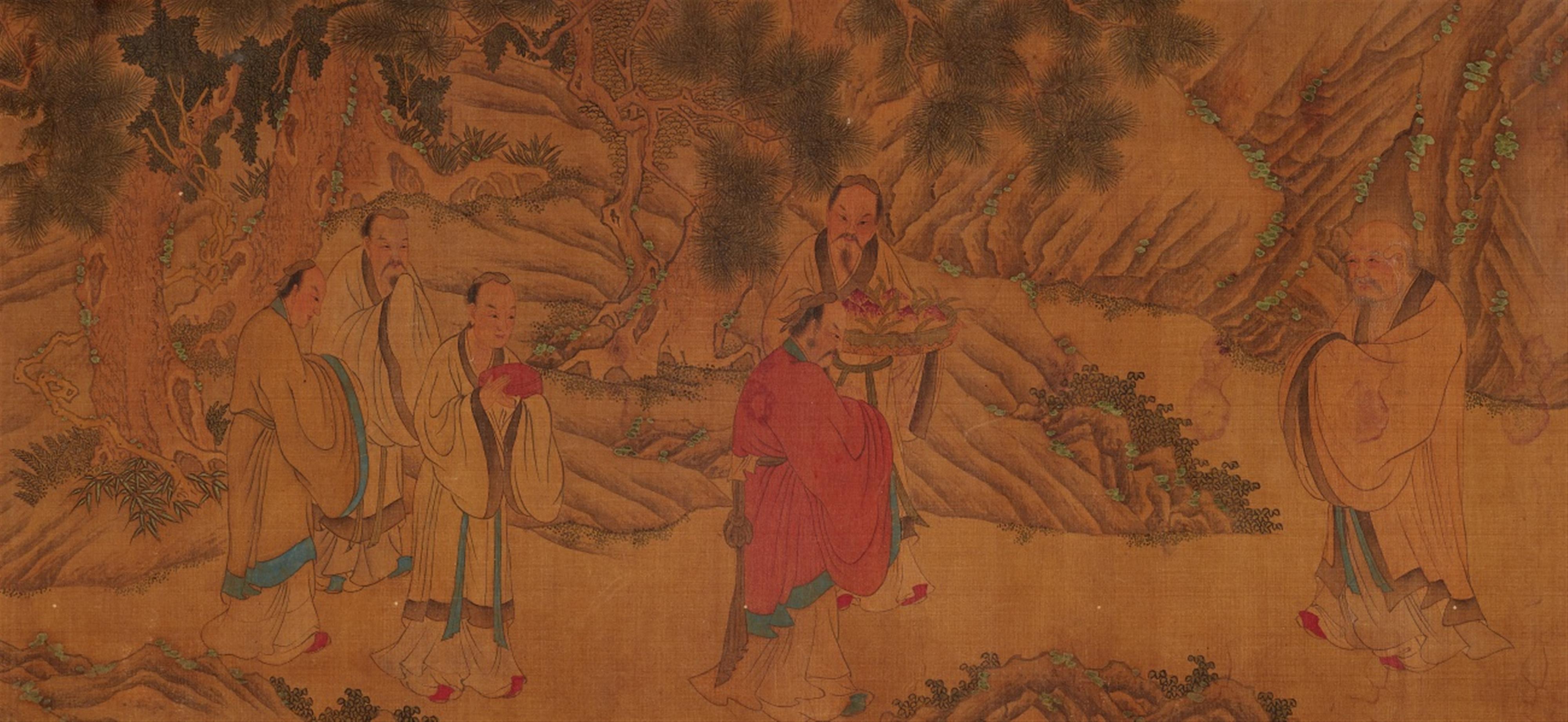 Various artists
Liu Songnian, in the manner of, and - Three horizontal scrolls. Ink and colour on paper and silk. a) Daoist figures. Inscribed Songnian and sealed. b) Six round fan paintings mounted on a scroll. c) People from dist... - image-1