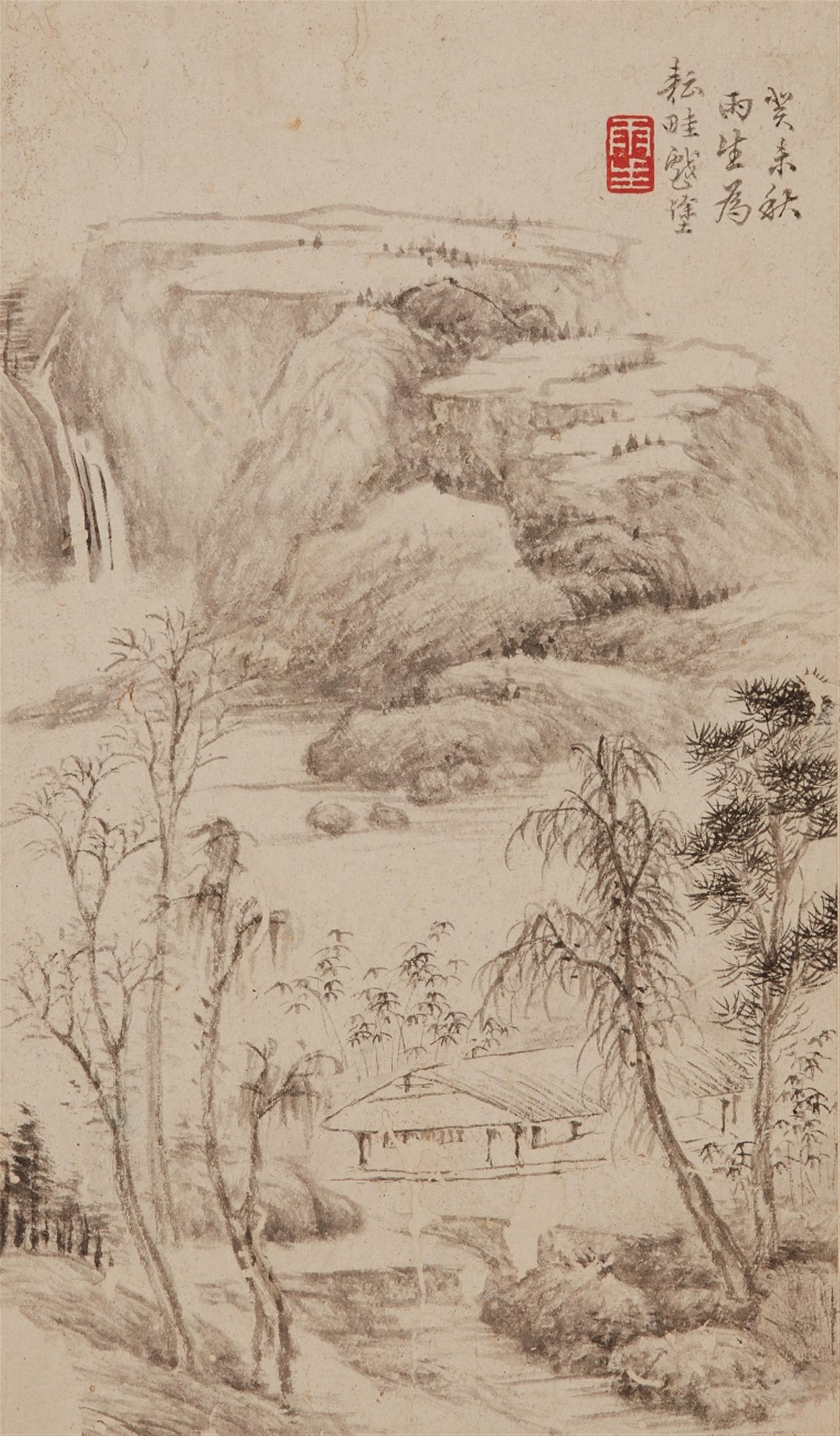 Tang Yusheng - Landschaft. Albumblatt. Tusche auf Papier. Aufschrift, zyklisch datiert guiwei (1823), sign.: Yusheng und Siegel: Yusheng. - image-1