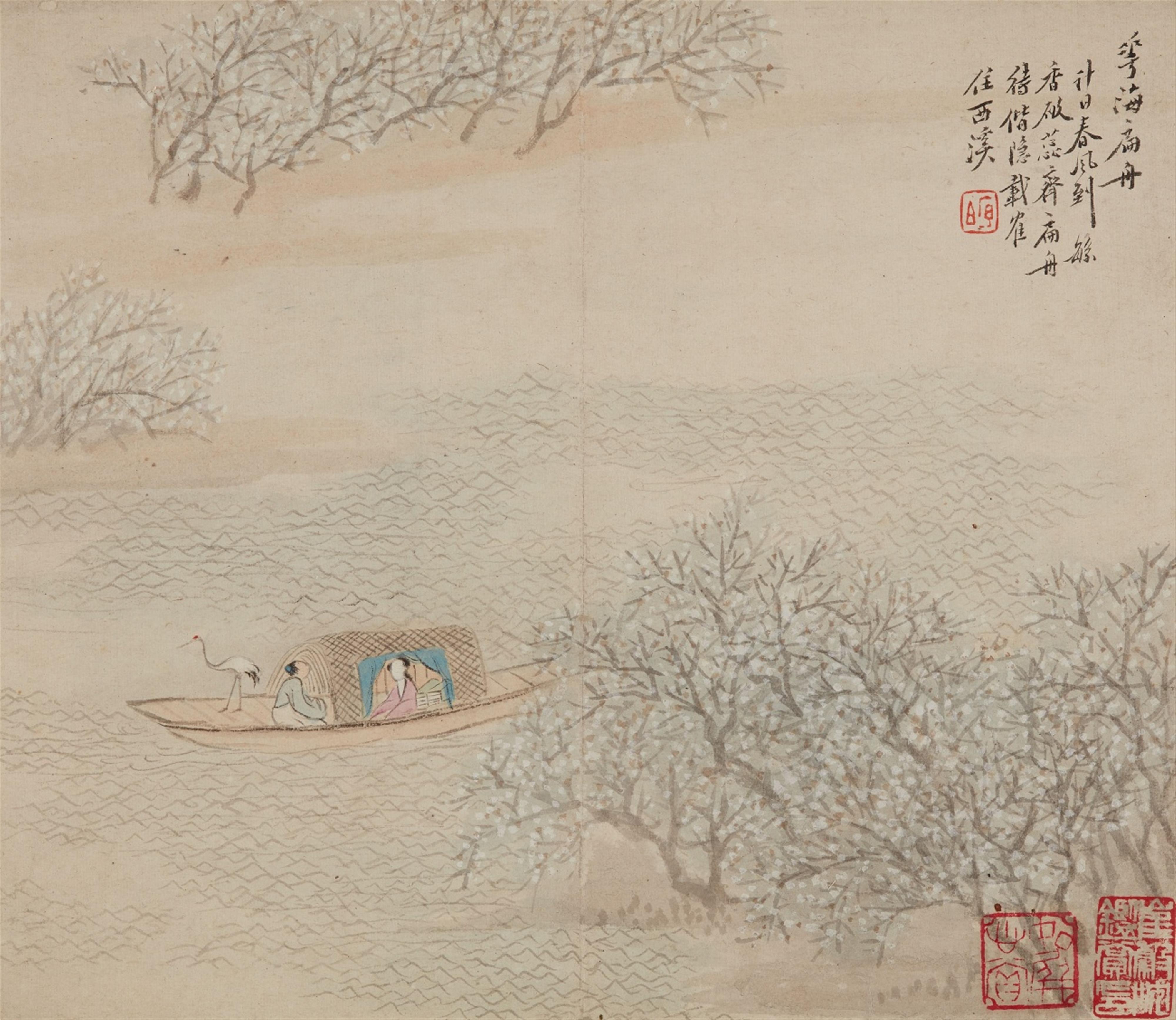 Cheng Tinglu - Bootsfahrt mit Kranich. Albumblatt. Tusche und wenig Farbe auf Papier. Aufschrift, Siegel: Xu Bo und zwei weitere Siegel. - image-1