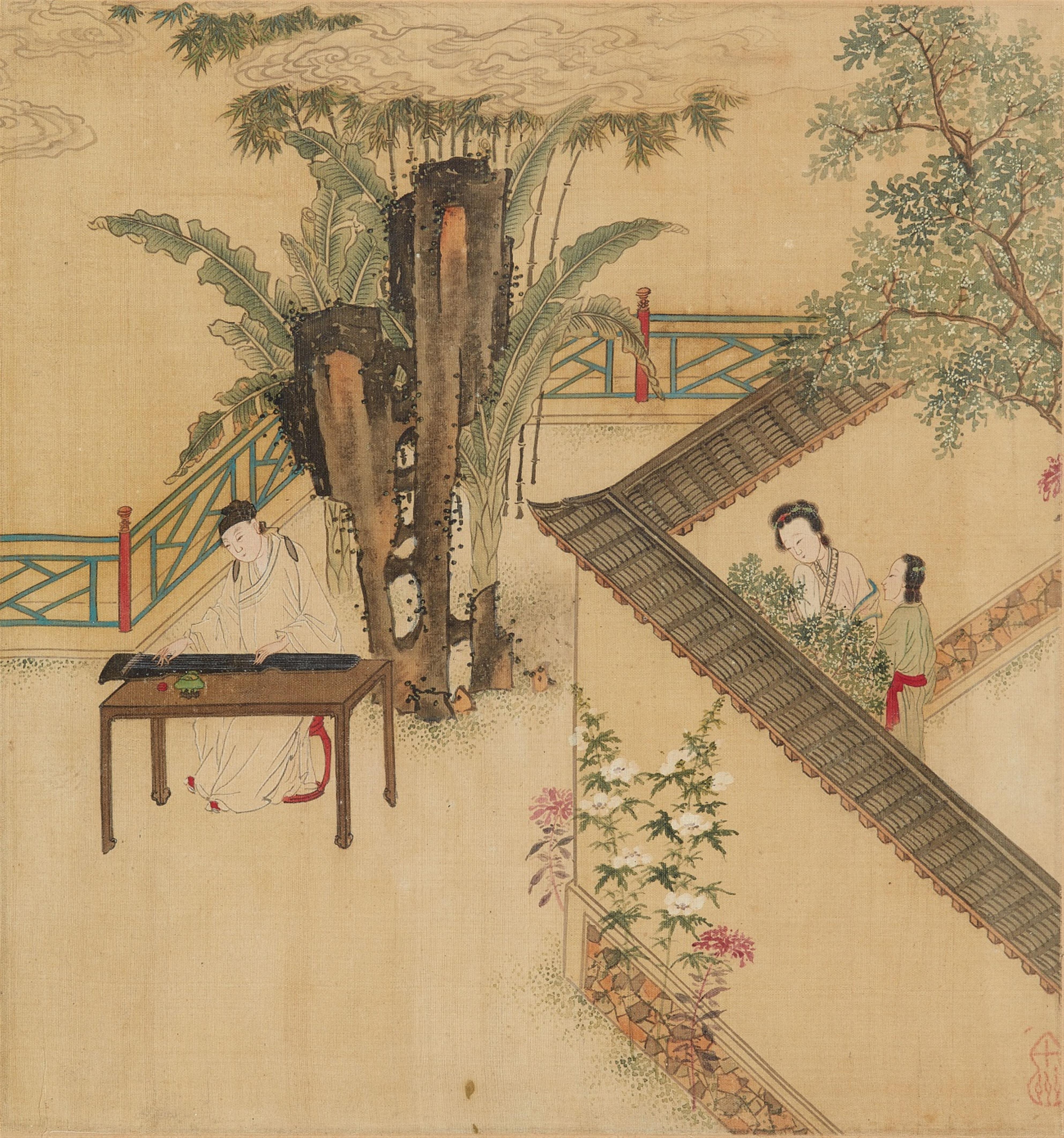 Anonymous painter - Three album leaves with illustrations of the novel "Romance of the West Chamber". Ink and colour on silk. Sealed Shi ... . (3) - image-1