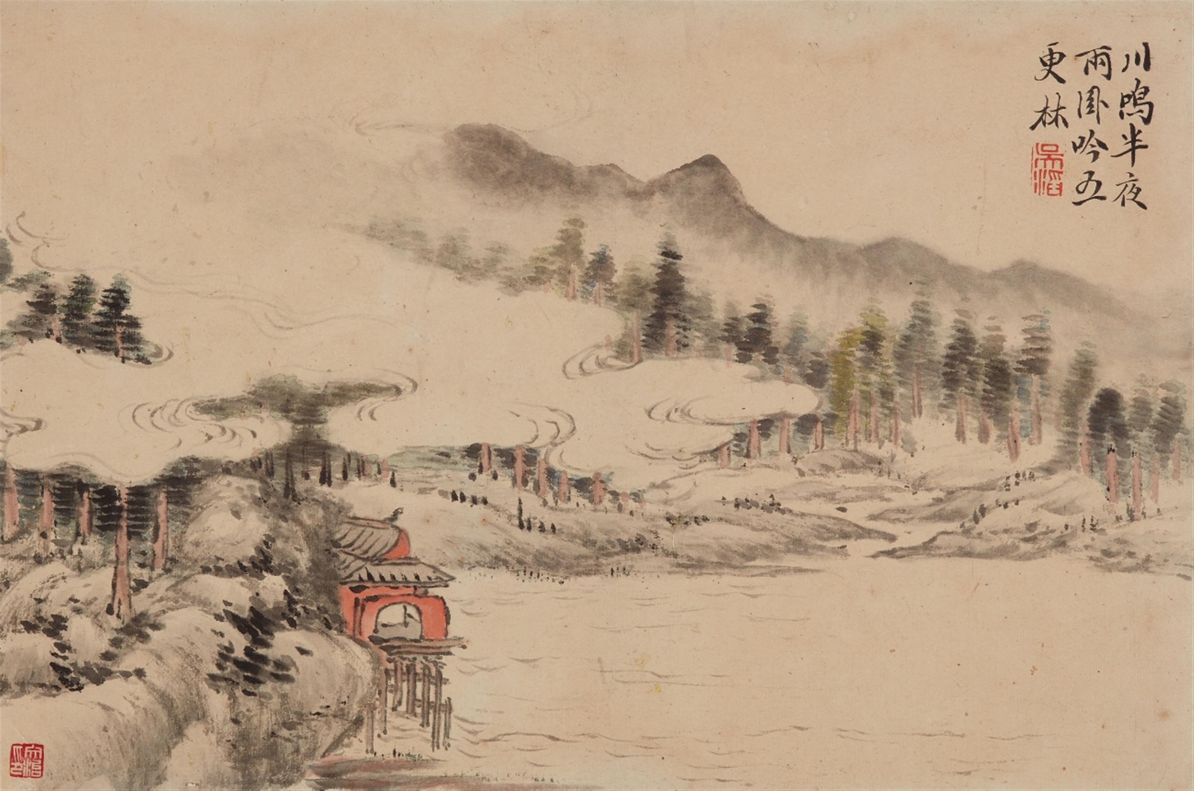 Wu Tao - Two album leaves. Ink and colour on paper. a) Poet at his hermitage by the West Lake. Signed Bo Tao and sealed Xiao Xiao an and Wu Tao yin; b) landscape. Inscription, sealed Wu ... - image-1