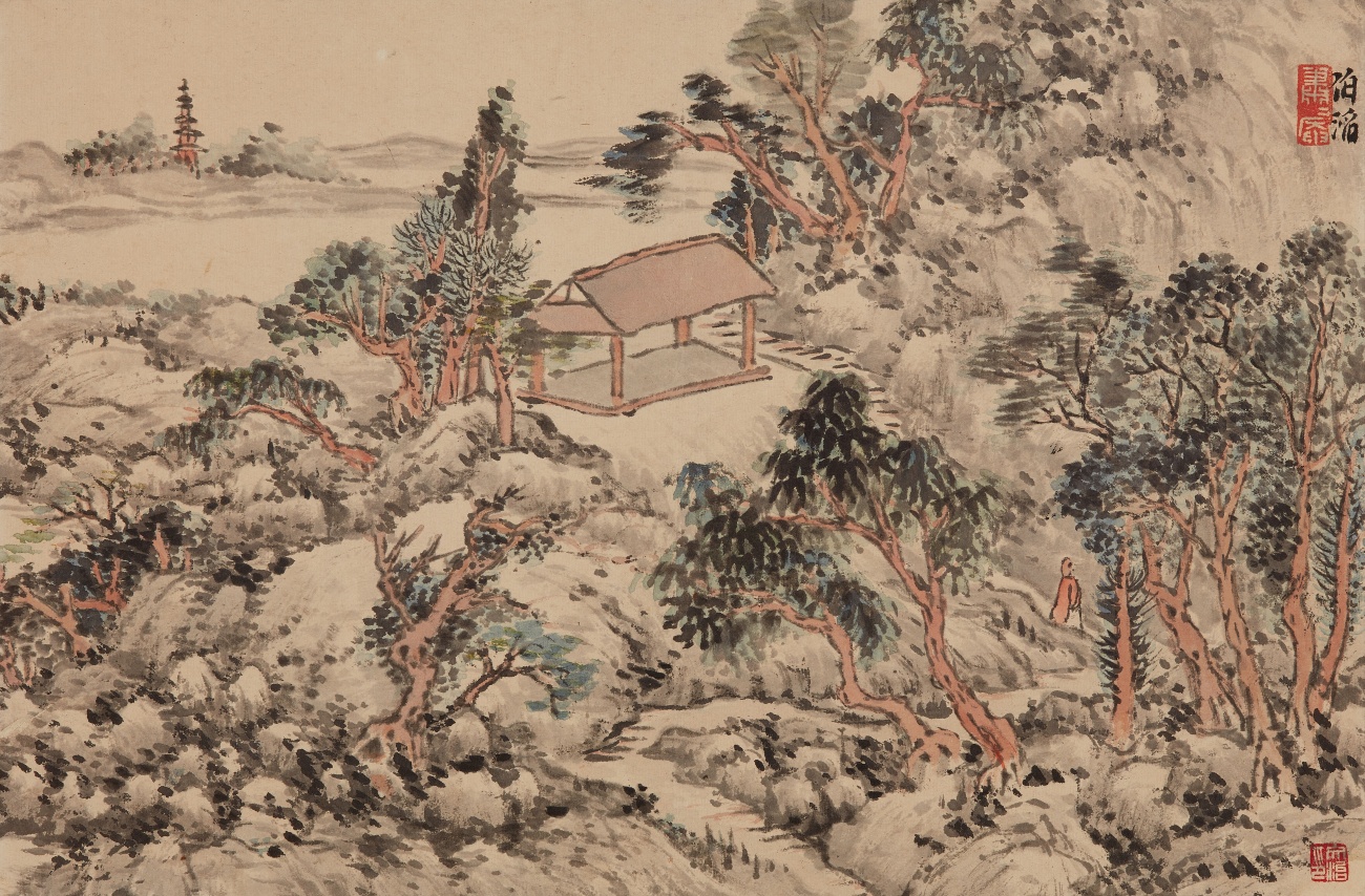 Wu Tao - Two album leaves. Ink and colour on paper. a) Poet at his hermitage by the West Lake. Signed Bo Tao and sealed Xiao Xiao an and Wu Tao yin; b) landscape. Inscription, sealed Wu ... - image-2
