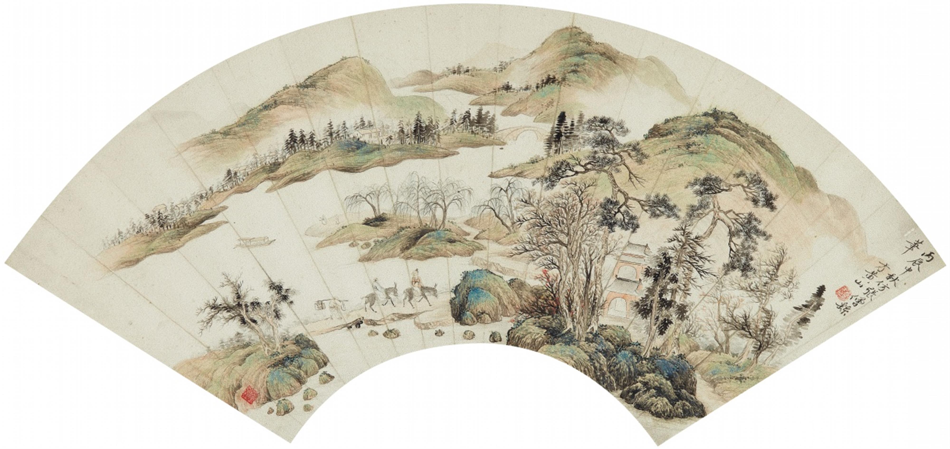 Various artists . 19./20. Jh. - Three fan paintings. Ink and colour on paper. a) Scholar under pine tree. Inscription, dated cyclically yihai, signed Xia Xuan and sealed Xia Xuan. b) River landscape. Inscripti... - image-1
