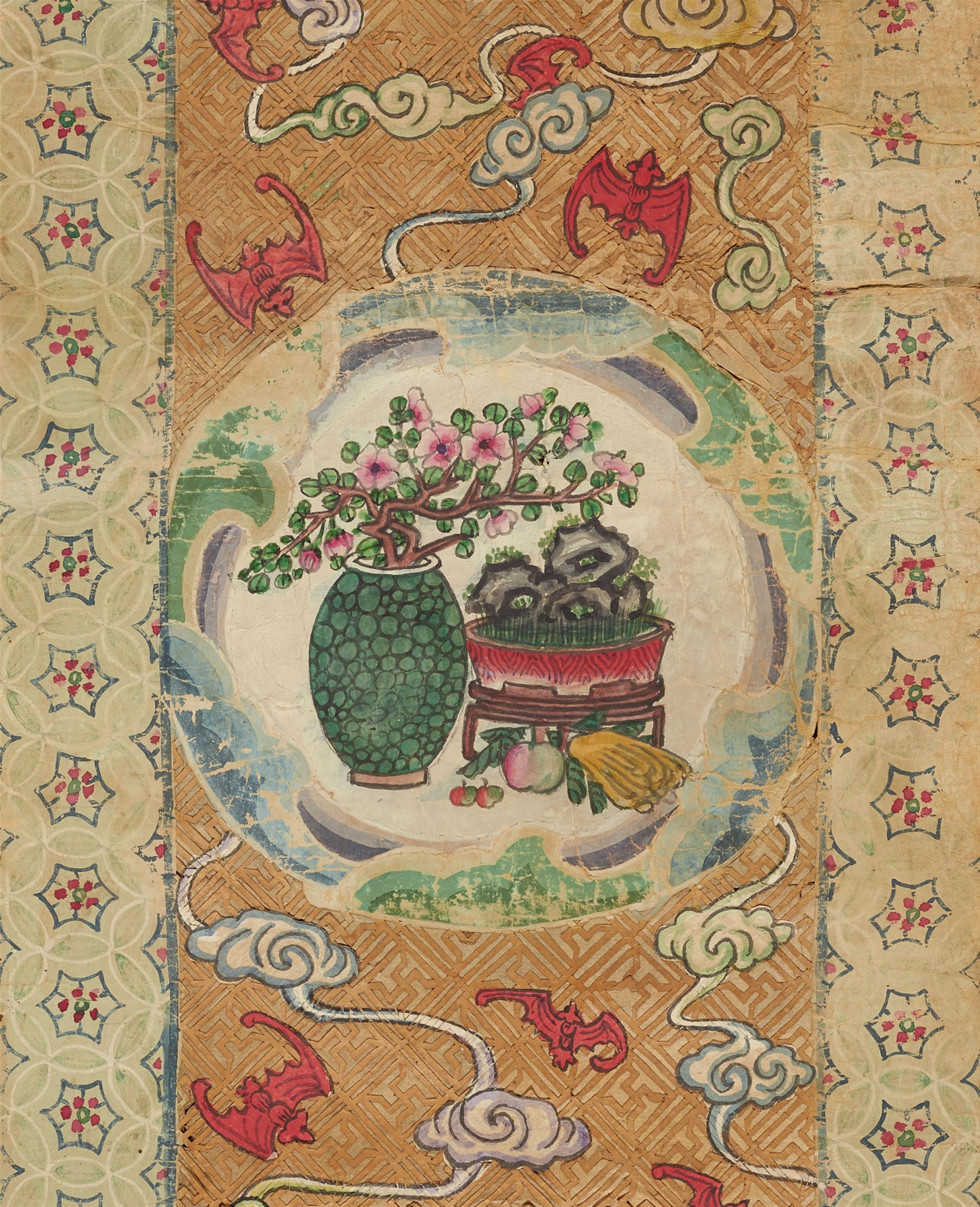 Anonymous painters . 19th century - Four scrolls by anonymous painters. a) Horizontal scroll with Buddhist figures and monks. Ink and colour on silk. b) Three paper webs with seven medallions each depicting flower... - image-1