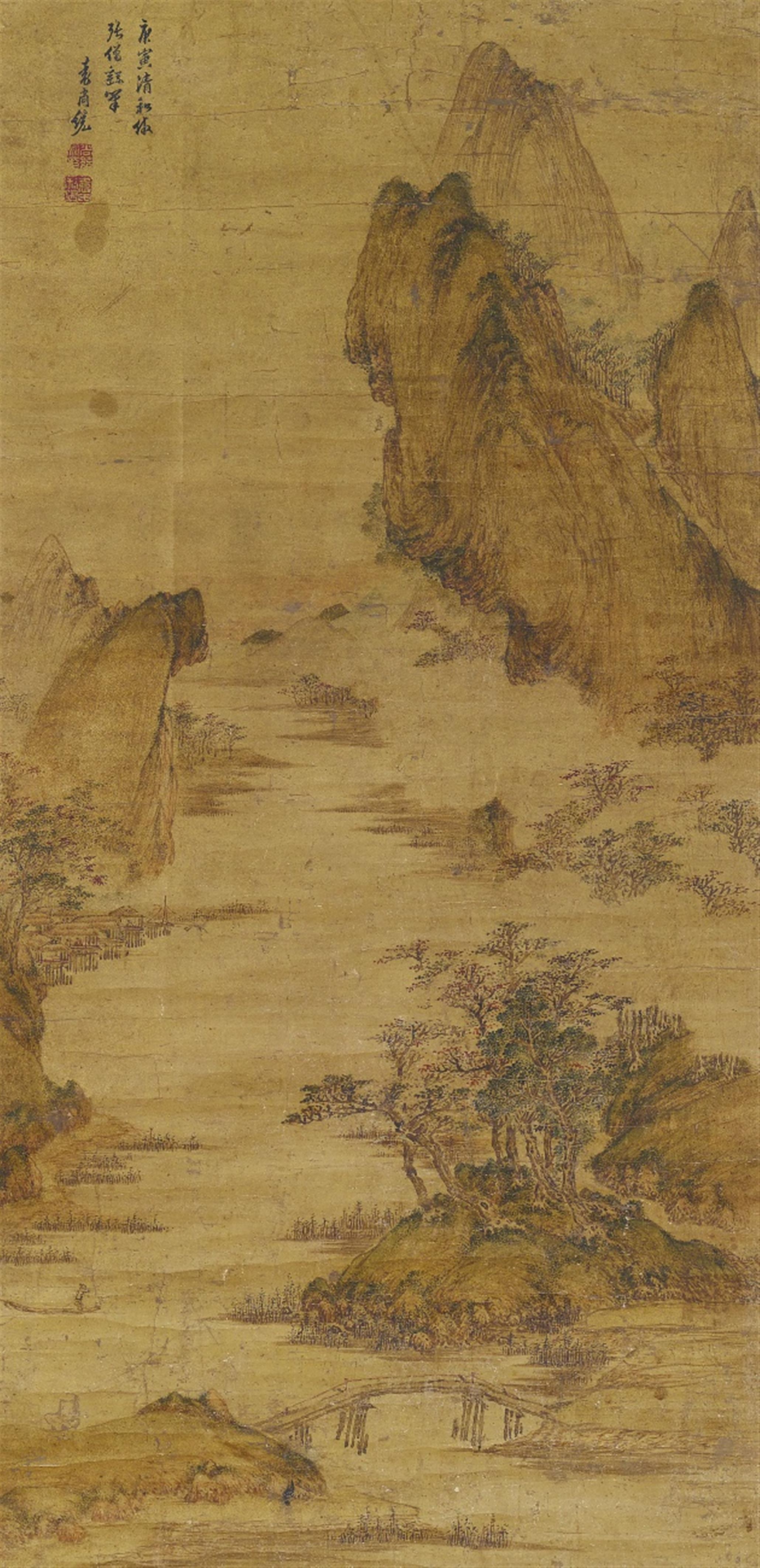Unidentified painter . Qing dynasty - River landscape. Hanging scroll. Ink, colour and gold on paper. Inscription, signed and sealed. Qing dynasty. - image-1