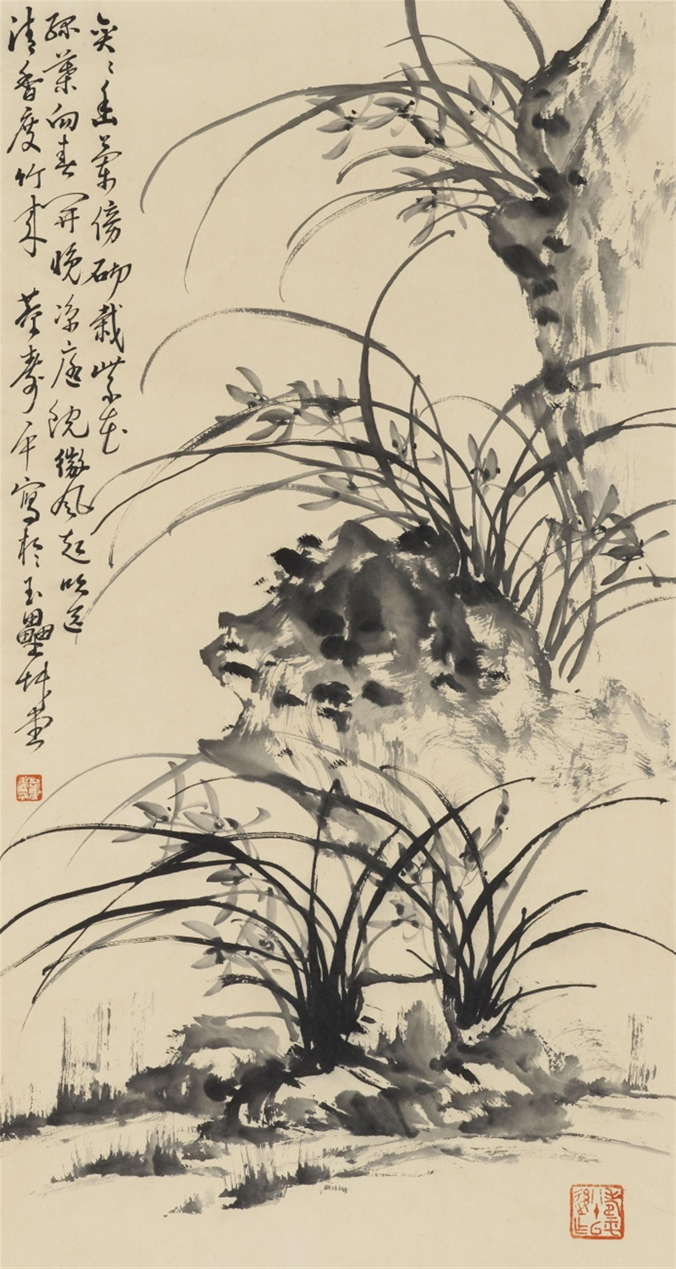 Dong Shouping, in der Art - Orchis an Felsen. Hängerolle. Tusche auf Papier. Aufschrift, bez. und Siegel: Dong Shouping und ein zweites Siegel. - image-2