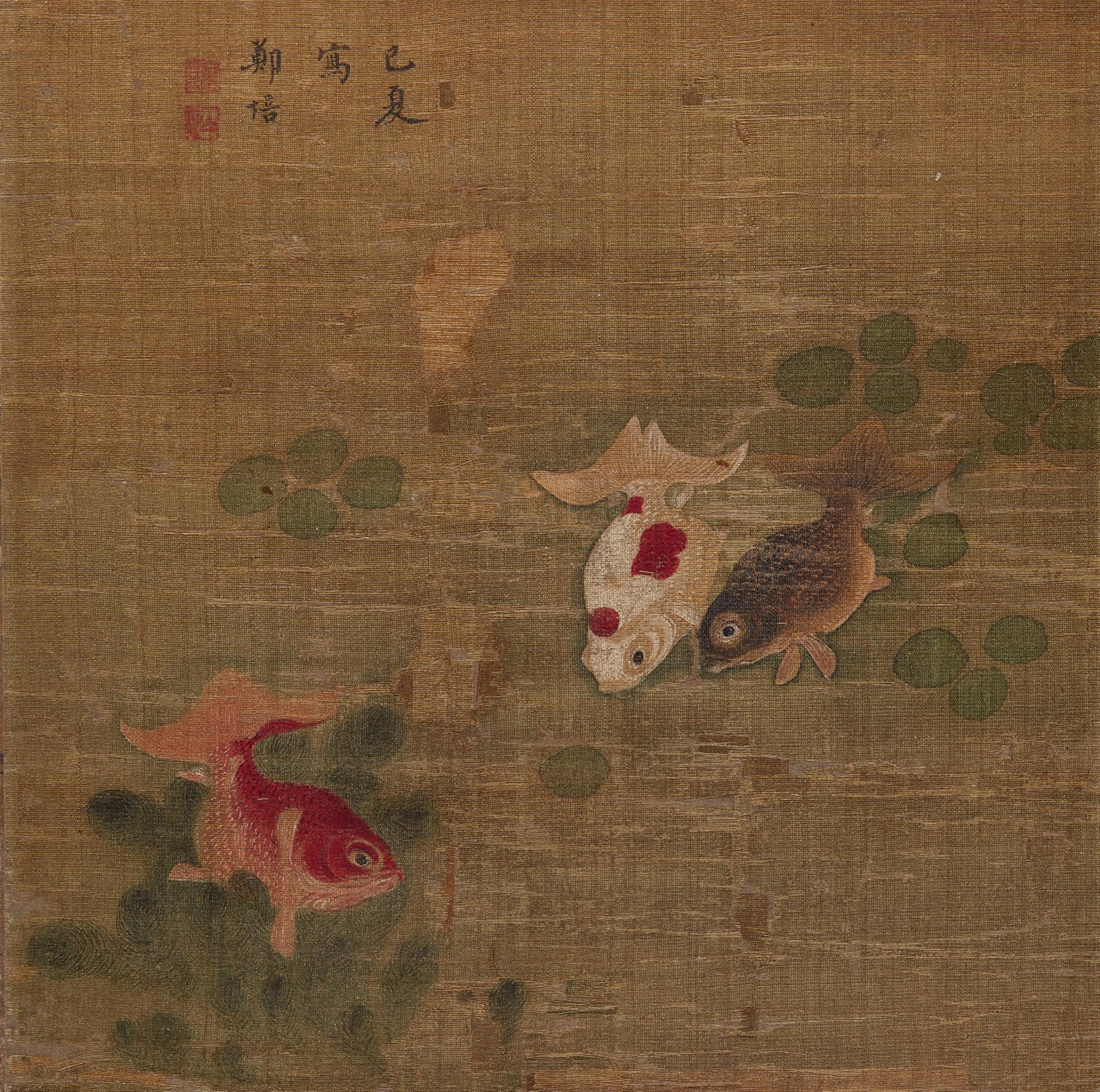 Zheng Bei . 20th century - Veiltail goldfish and water algae. Ink and colour on silk. Inscription, signed Zheng Bei and two seals. 20th century.  - image-1