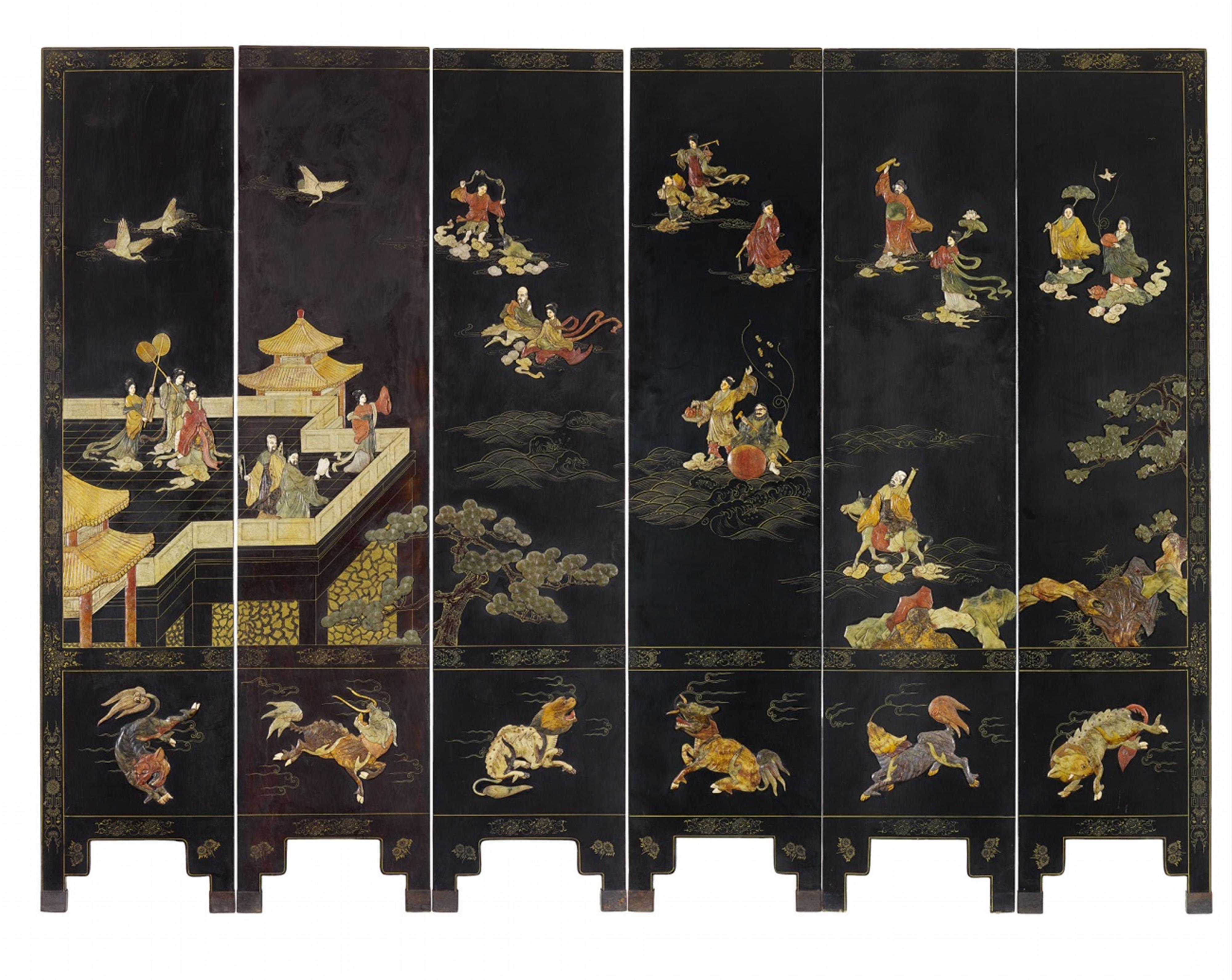 A black lacquer and soapstone-inlaid six-panel screen. 20th century - image-1