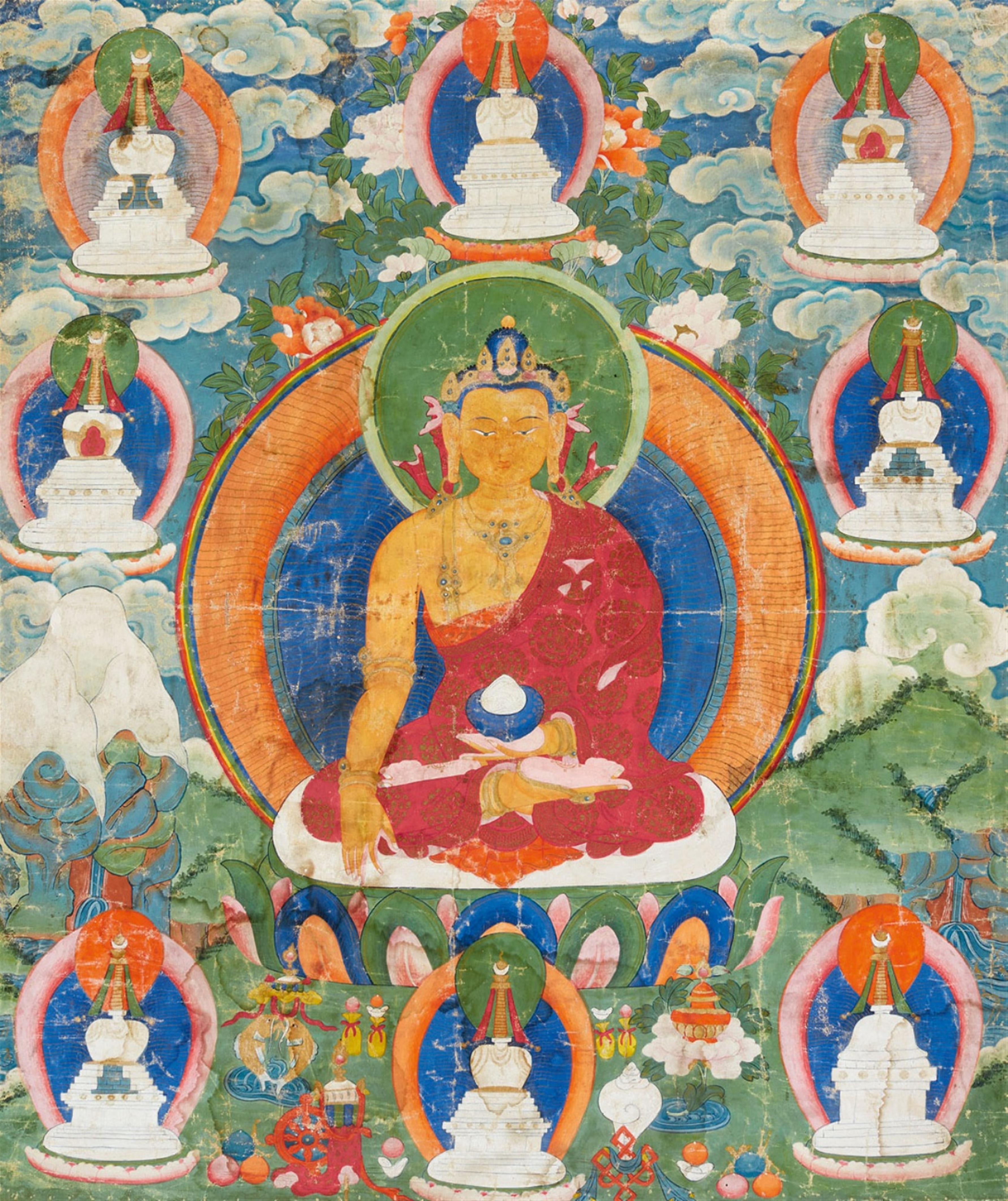 A Tibetan thangka of the crowned Buddha Shakyamuni. 19th century - image-1