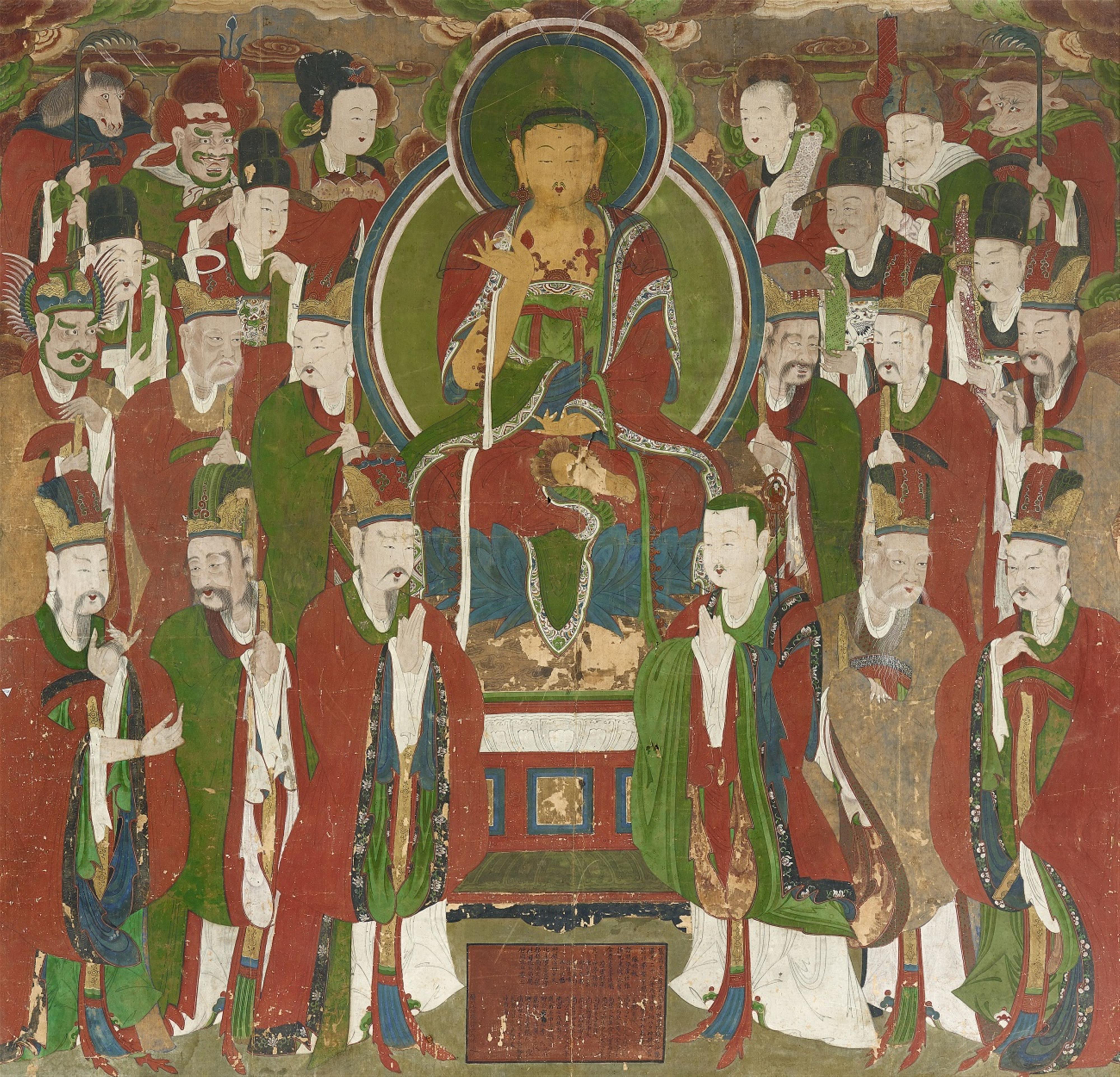 A Korean painting of Ksitigarbha (Jijang bosal) as supreme ruler of the underworld flanked by the Chinese monk Daoming (Tomyông) and demon king Mutôk in front of the throne and ... - image-1