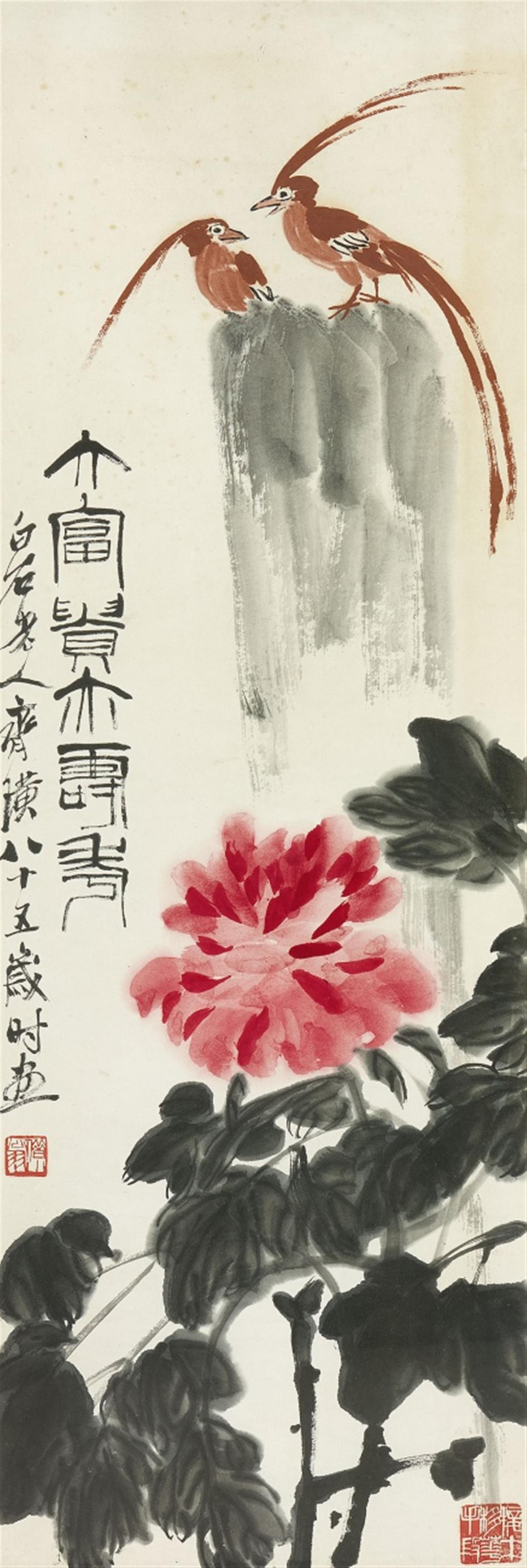 Qi Baishi - A paradise flycatcher and peony. Ink and colour on paper. Inscription, inscribed Baishi laoren Qi Huang, painted at the age of 85 years, sealed Jieshan weng und Jie mu yi hua sh... - image-1