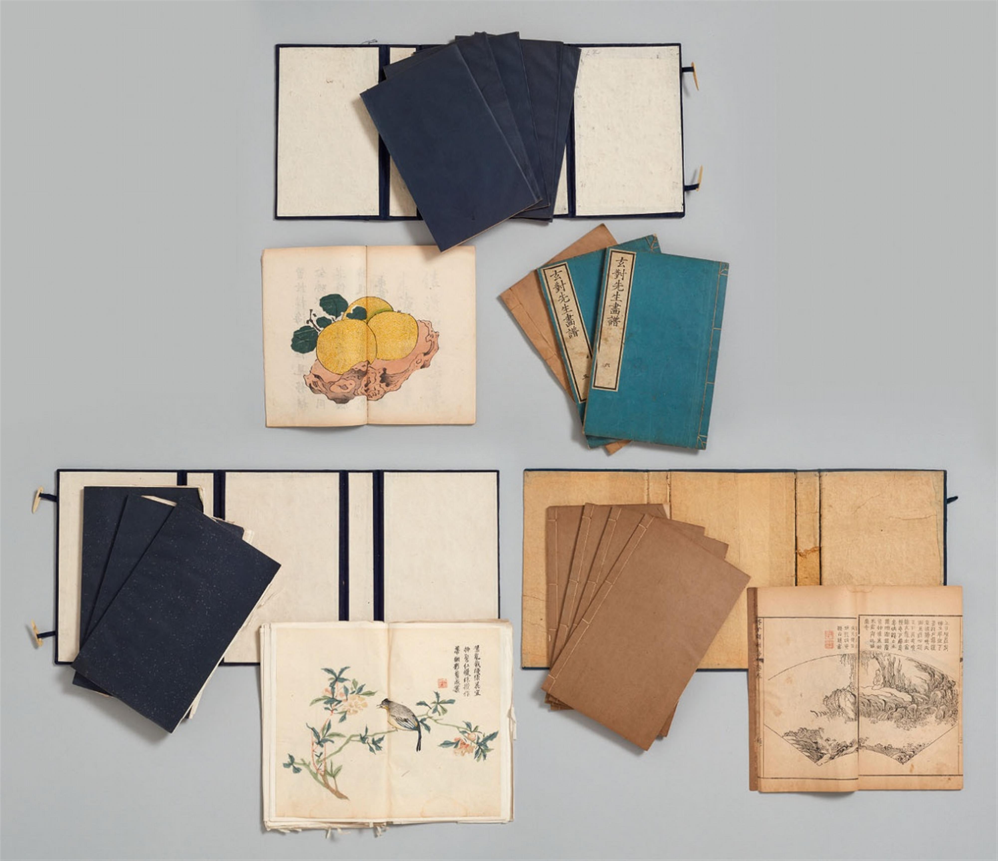 Various artists - a) Seven volumes from the Shizhuzhai (Ten Bamboo Studio Letter Paper). b) Two albums from the Xuandui xiansheng huapu and c) another painting manual. From various editions and a... - image-1