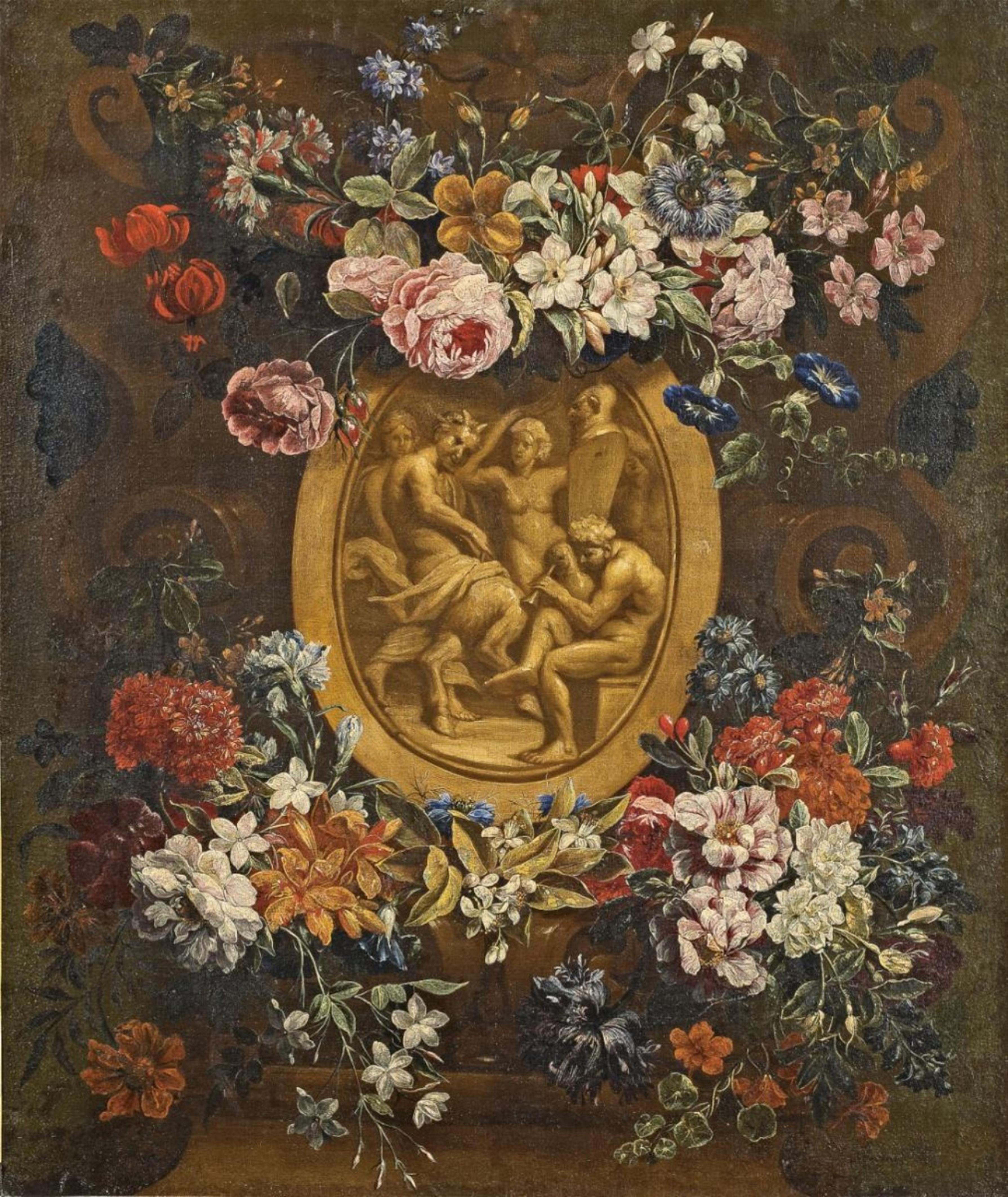 Gaspar Peeter Verbruggen II - Blumengirlande um eine Steinkartusche mit einer Satyrszene - image-1