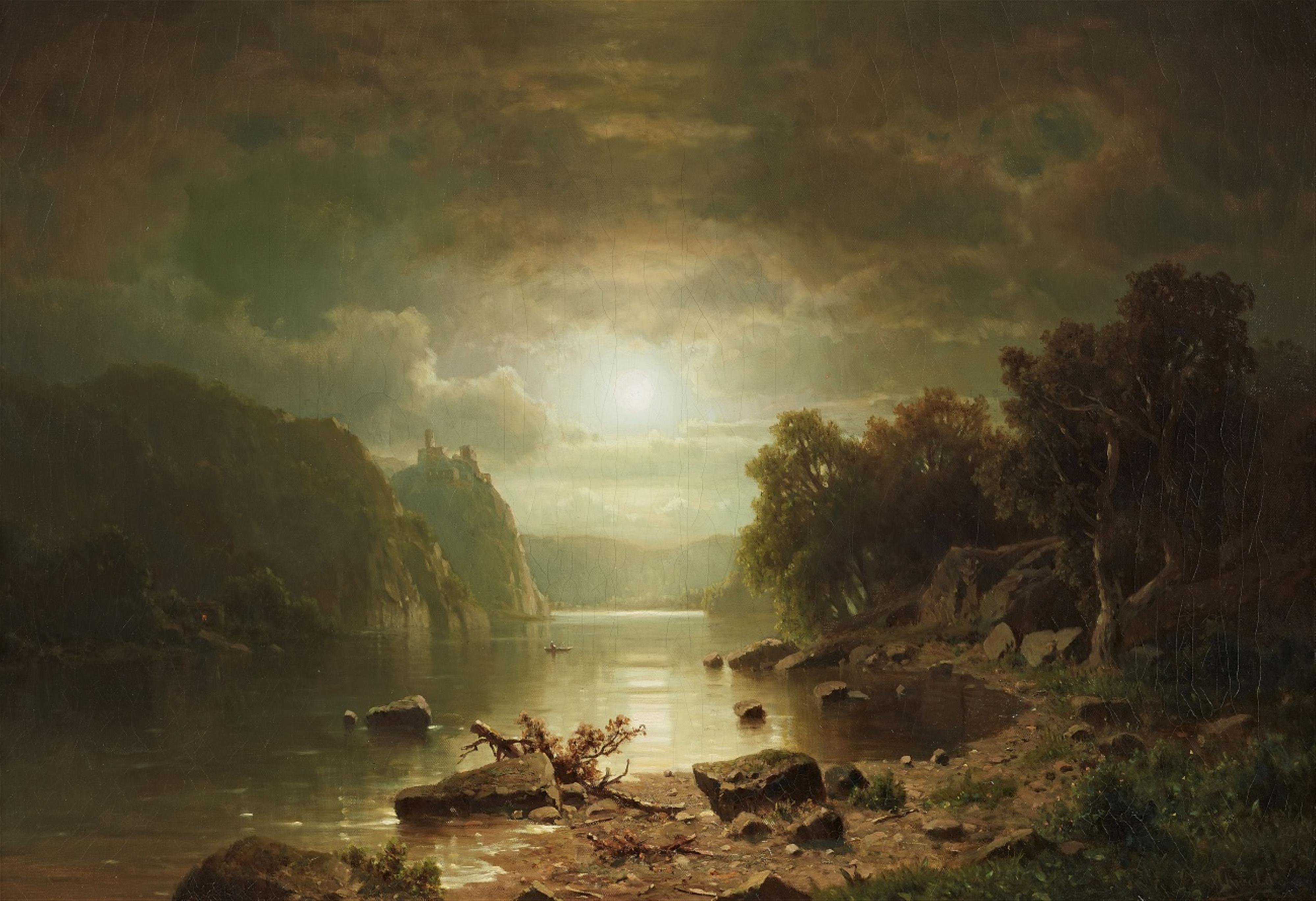 Adolf Chwala - Moonlit River Landscape with a Castle - image-1