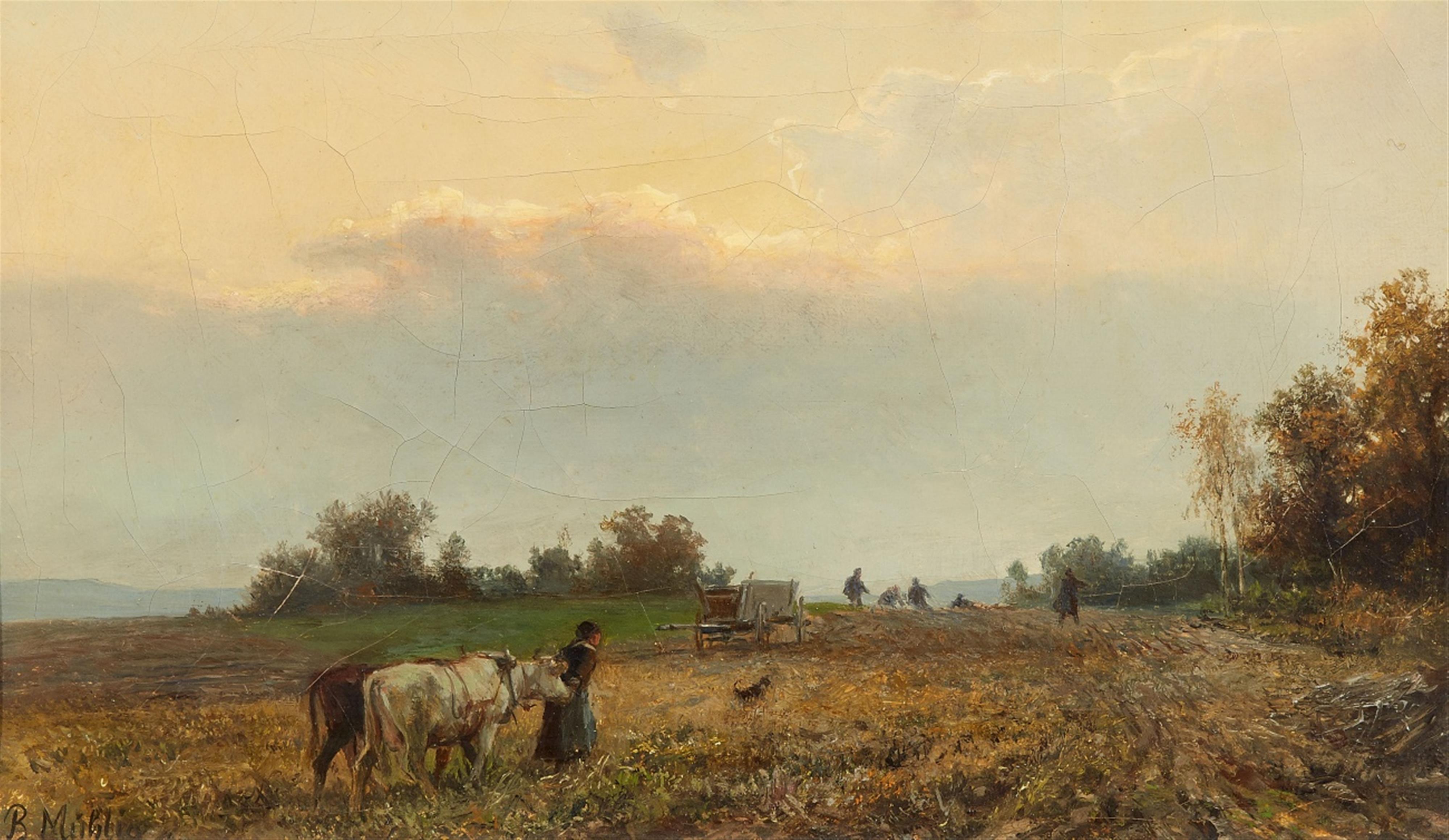 Bernhard Mühlig - Peasants working the Fields Hunters by a Pond - image-1