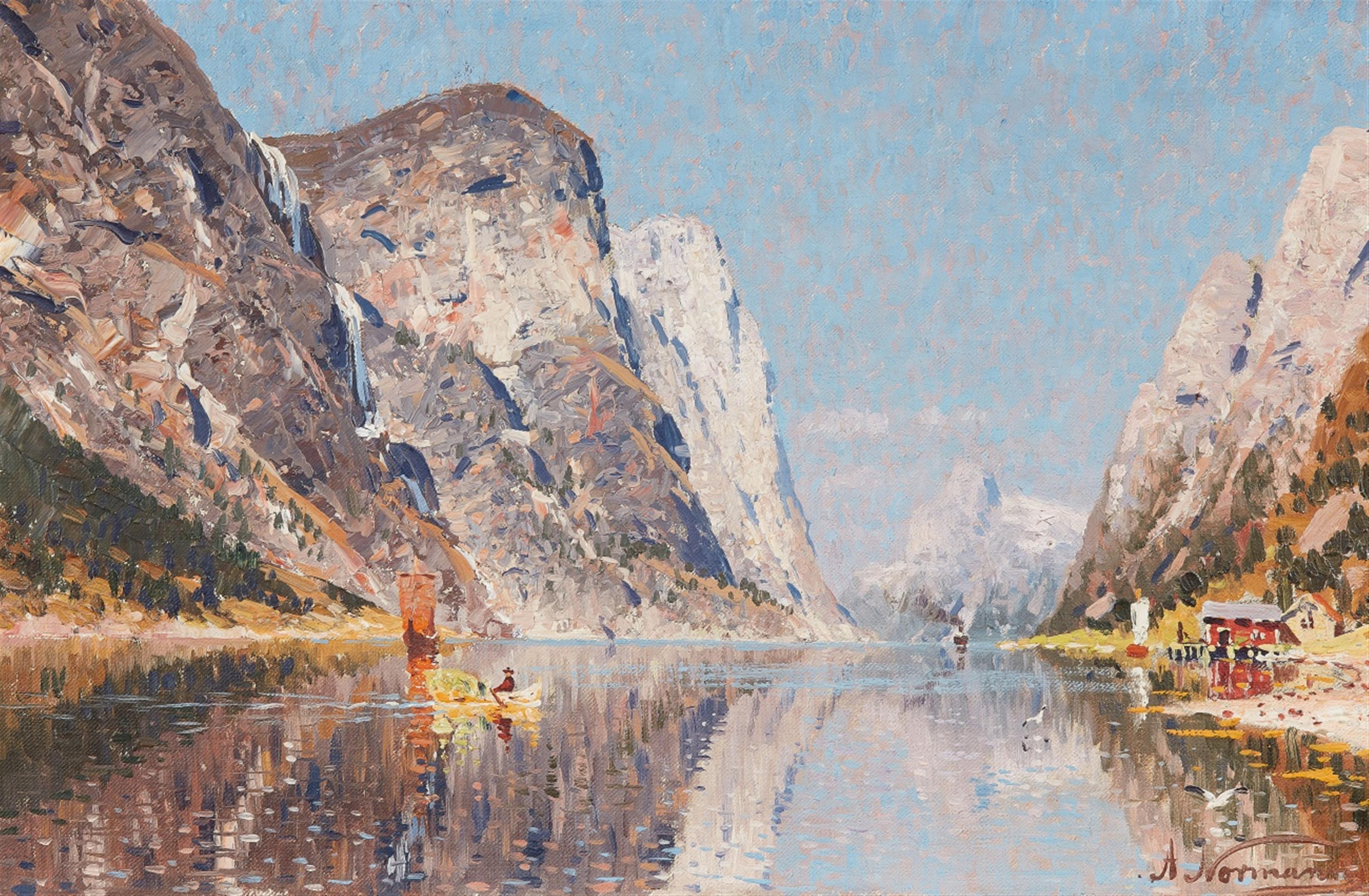 Adelsteen Normann - Fjord Landscape with Boats - image-1