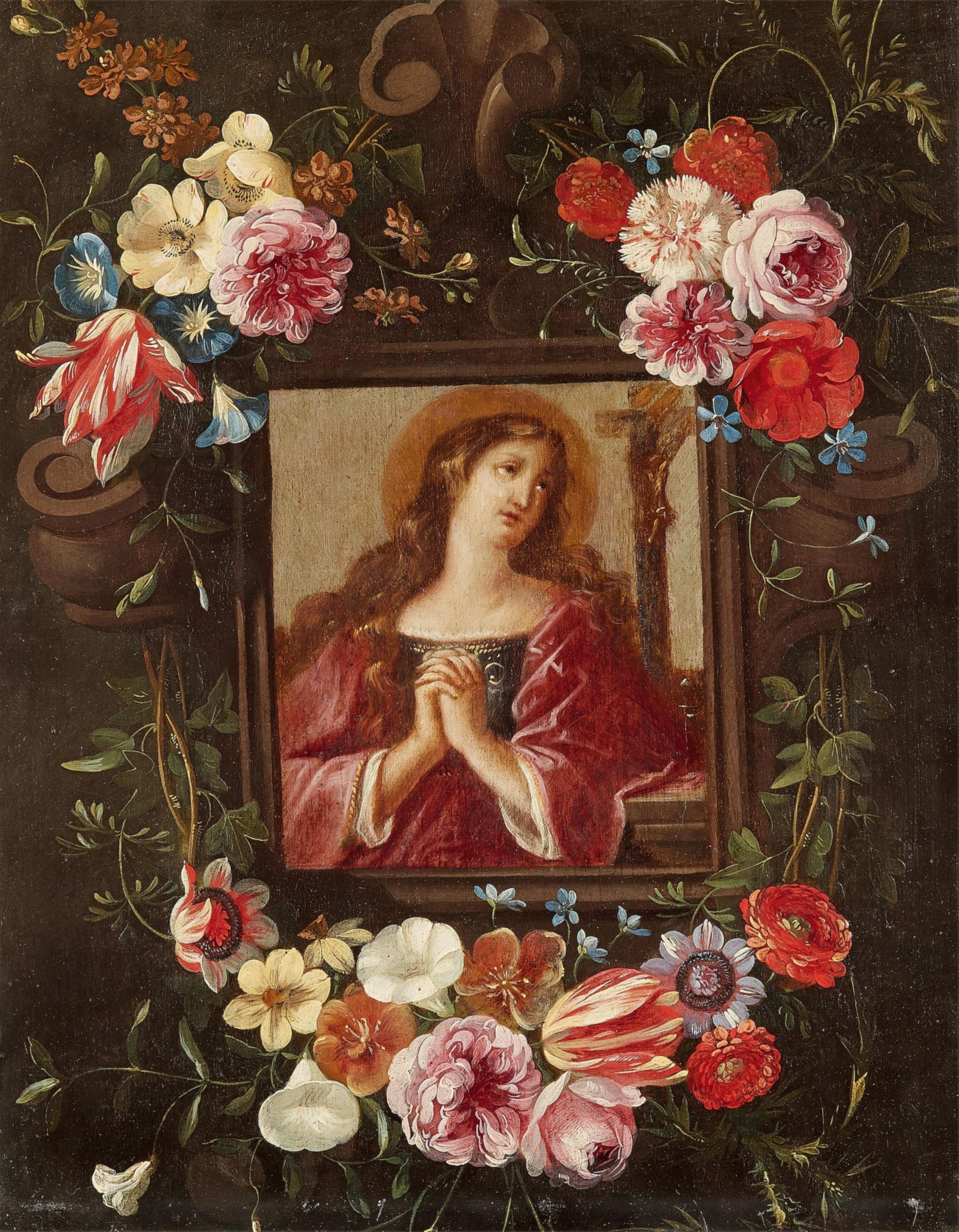 Flämischer Meister 2. Hälfte des 17. Jahrhunderts - Blumengirlande mit büßender Maria Magdalena - image-1